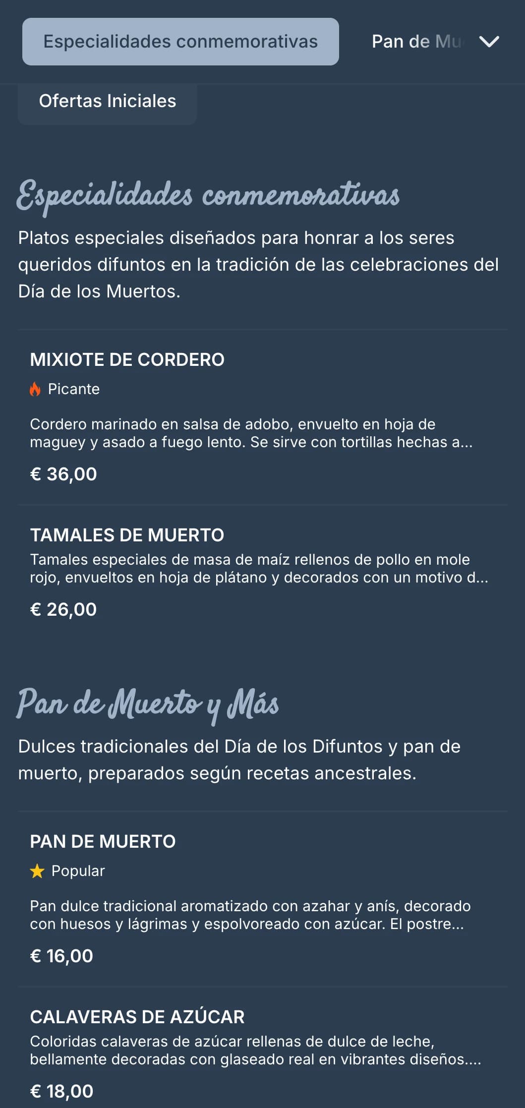 Artístico y festivo menú temático del Día de los Muertos en tonos azul grisáceo, con motivos de calaveras de azúcar y ofertas especiales de temporada.