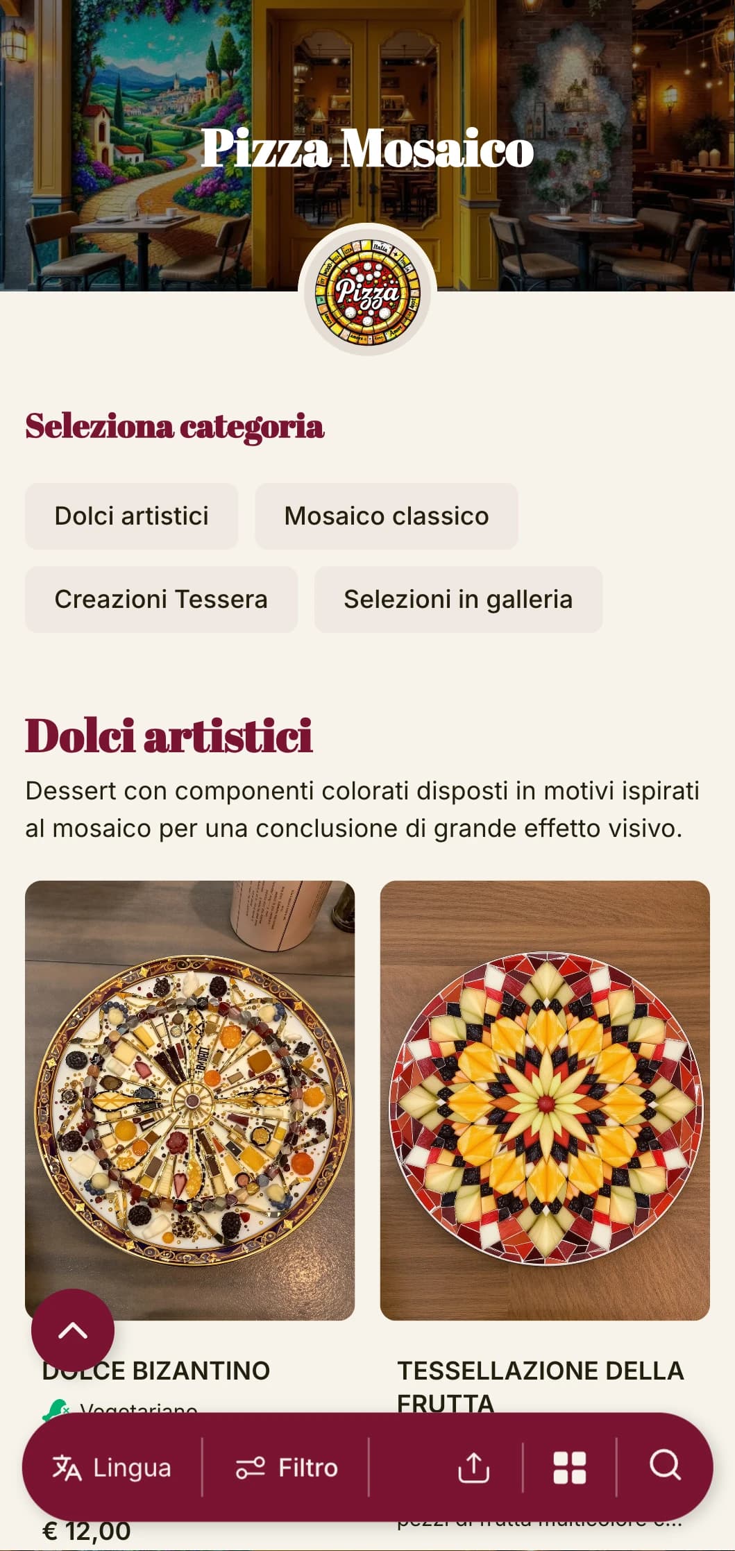 Menu pizza colorato e artistico, ispirato all'arte del mosaico italiano con elementi vivaci.