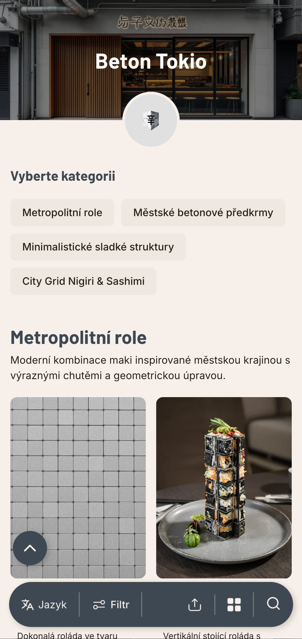 Industriální městské menu sushi v betonově šedých tónech a minimalistickém designu pro moderní městské podniky.