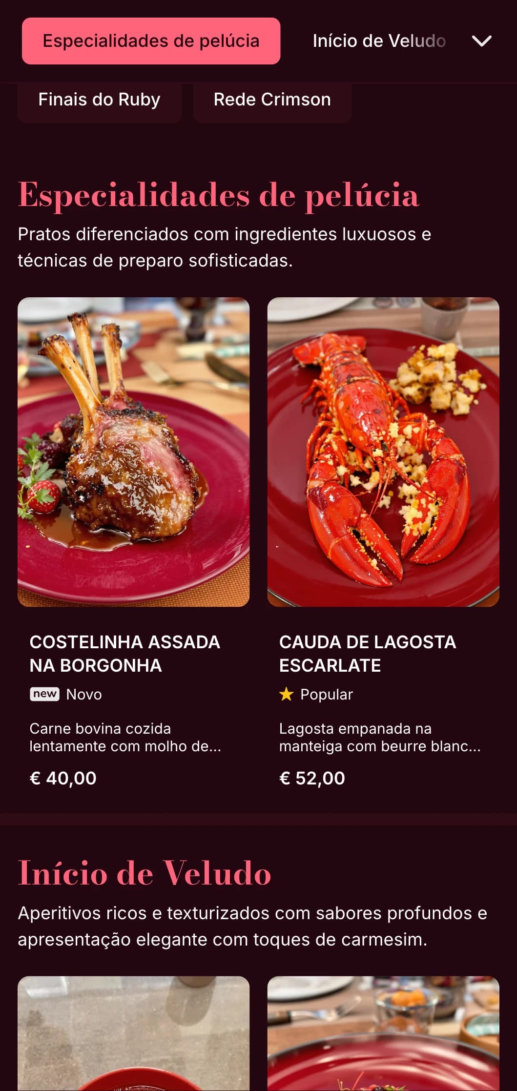 Um menu de jantar rico e aveludado com tons vermelhos profundos e textura sutil, projetado para experiências íntimas de jantares finos.