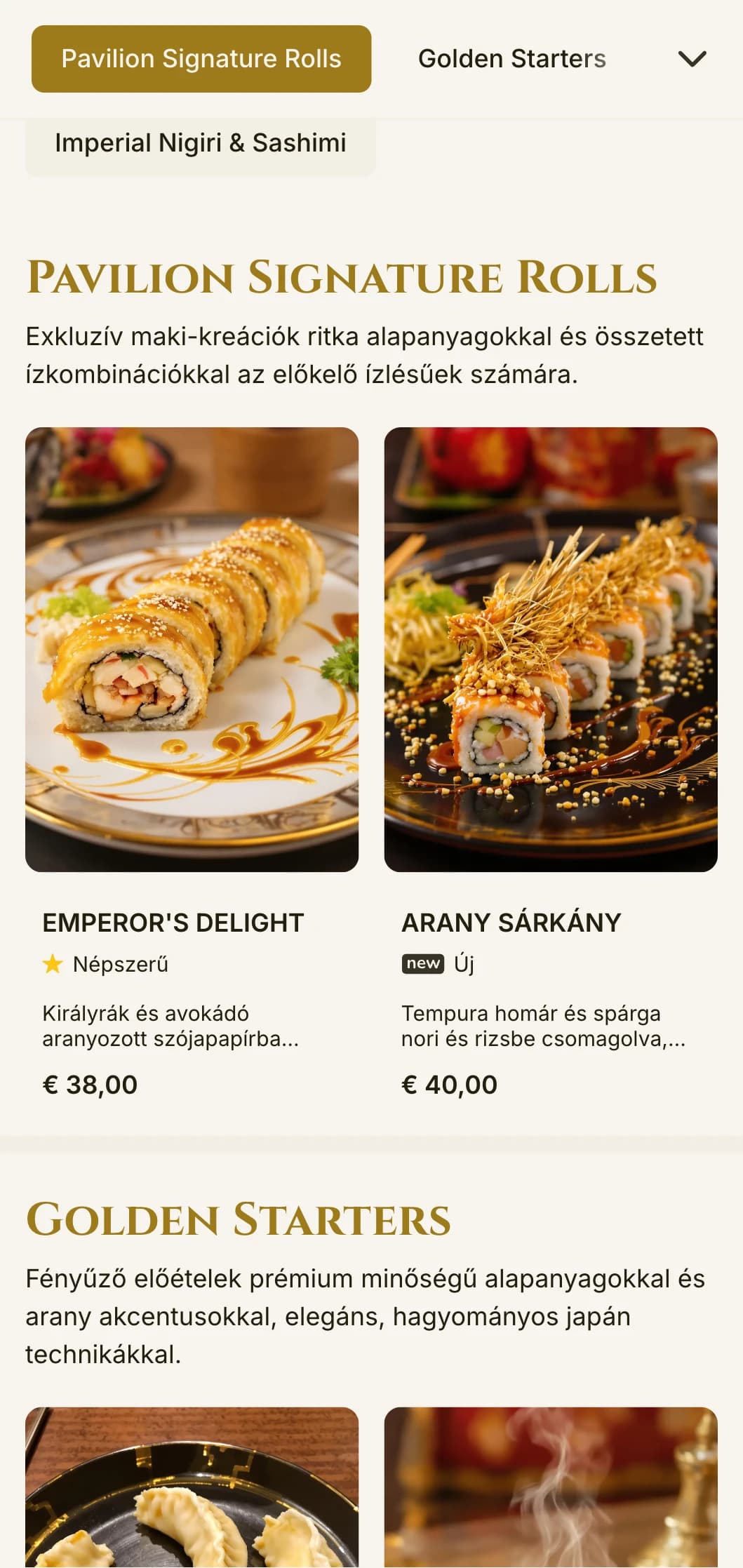Fényűző, aranybetétes sushi menü, amelyet Kiotó híres temploma ihletett, elegáns tipográfiával és hagyományos elemekkel.