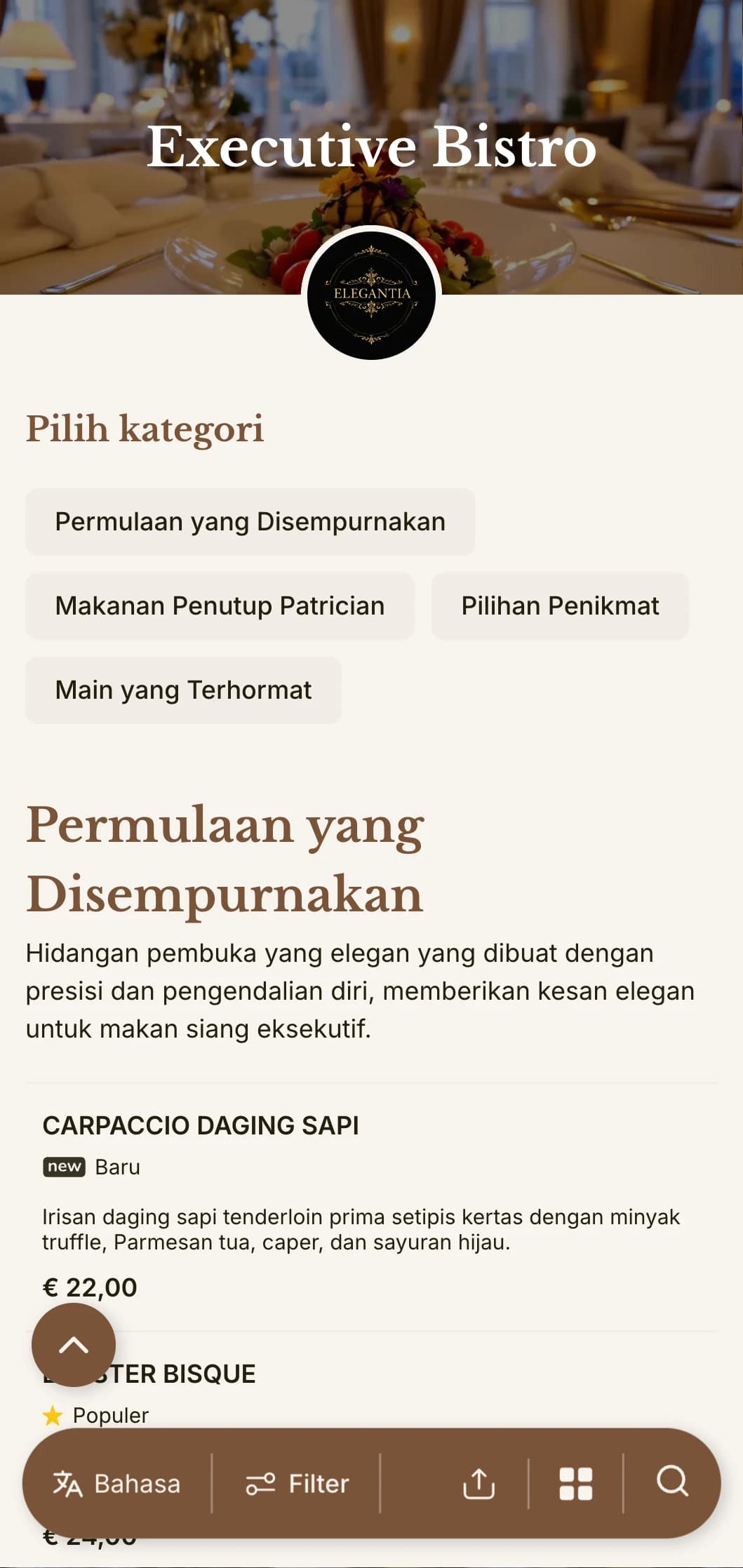 Desain menu makan siang yang canggih dengan tipografi yang halus dan jarak yang elegan, disesuaikan untuk restoran hotel kelas atas dan ruang makan eksekutif yang melayani para profesional bisnis.
