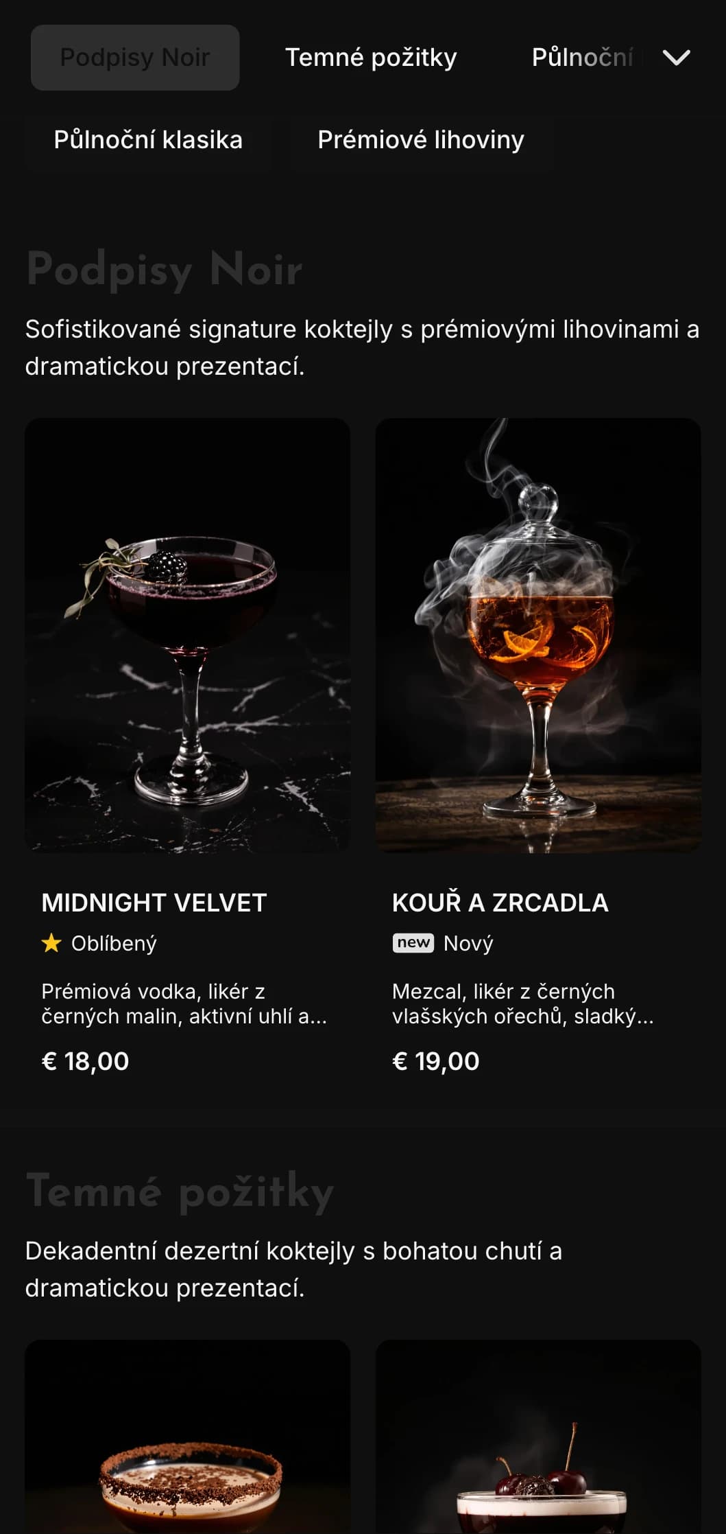 Elegantní tmavý design pro moderní koktejlové salony a noční kluby s kontrastními prvky a výraznou typografií.