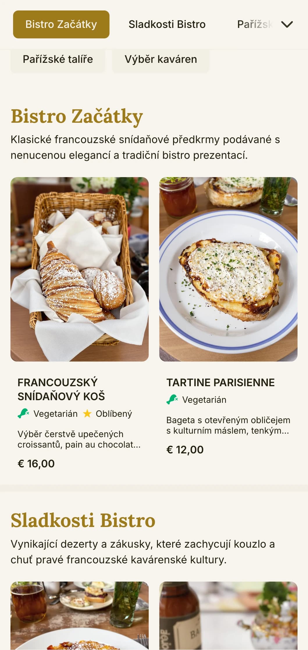 Šablona brunche inspirovaná francouzským bistrem s klasickými prvky, vhodná pro kavárny evropského stylu a neformální restaurace.