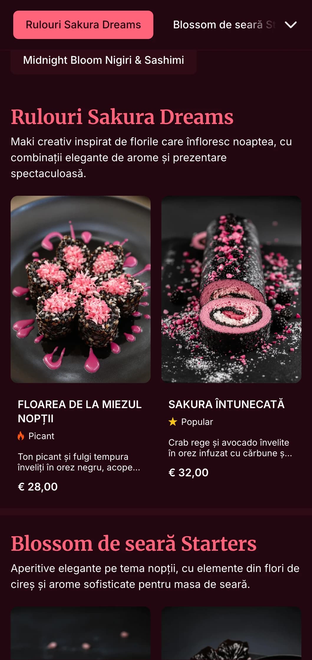 Experiență elegantă de sushi de seară, cu motive dramatice de flori de cireș pe un fundal burgundy profund pentru o cină de lux.