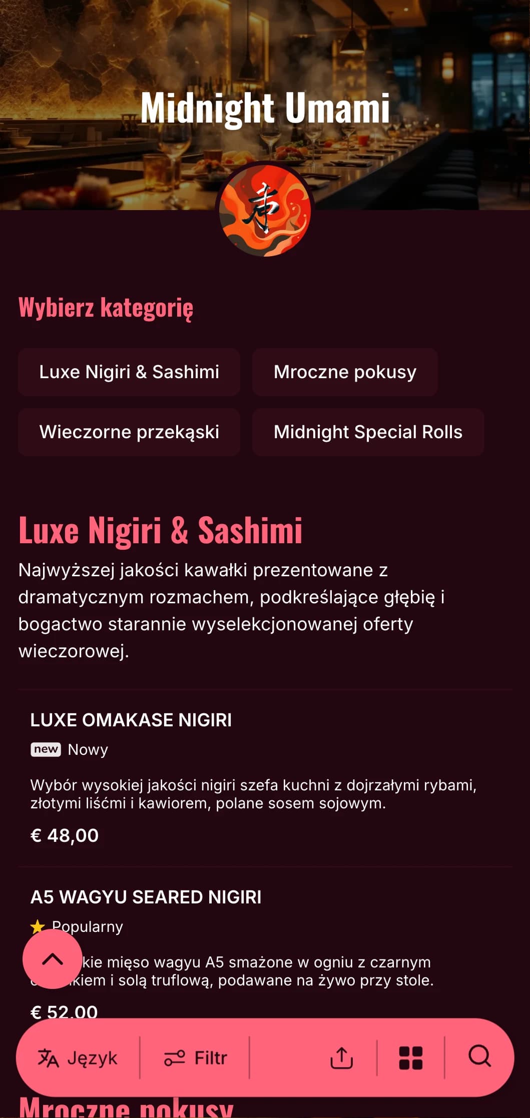 Luksusowe doświadczenie sushi późno w nocy z odważnymi kontrastami, z bogatym burgundem i jasnymi akcentami na głębokim tle.
