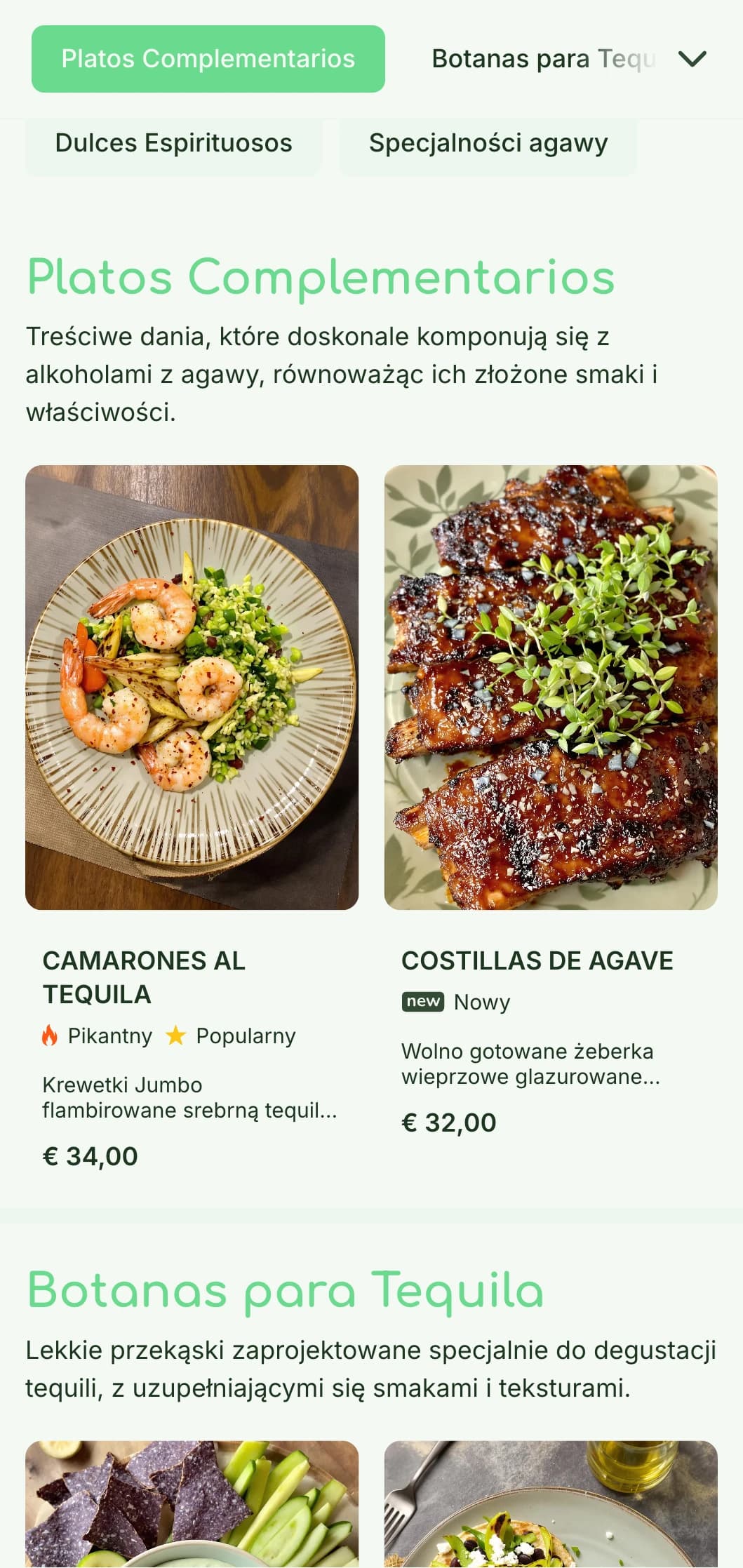 Świeże i wyrafinowane menu baru z tequilą z jasnozielonymi akcentami agawy, elementami botanicznymi i lotami alkoholi premium z połączonymi przekąskami.