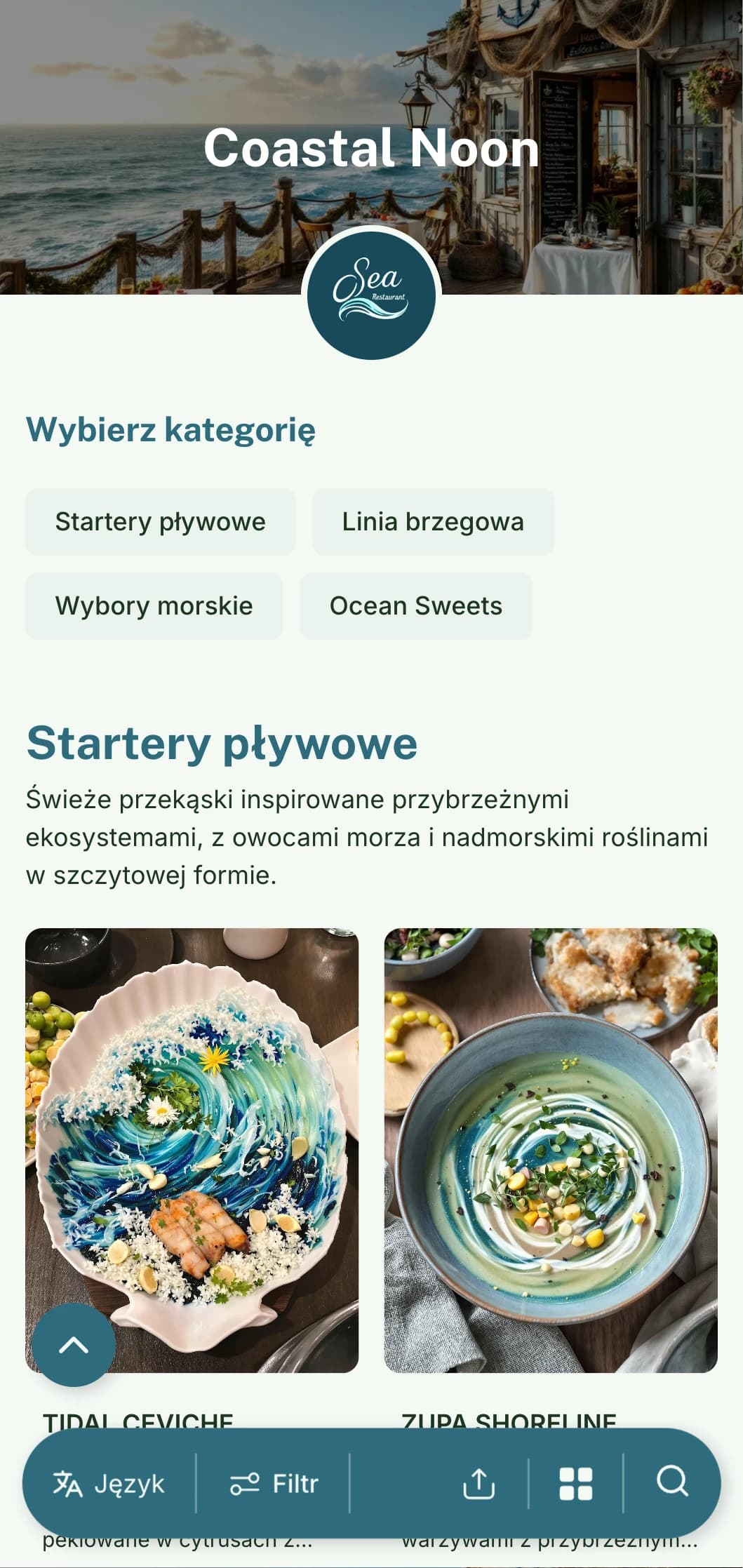 Świeże, inspirowane morzem menu lunchowe z elementami przybrzeżnymi i odniesieniami do oceanu, idealne do nadmorskich restauracji i nadbrzeżnych lokali gastronomicznych.