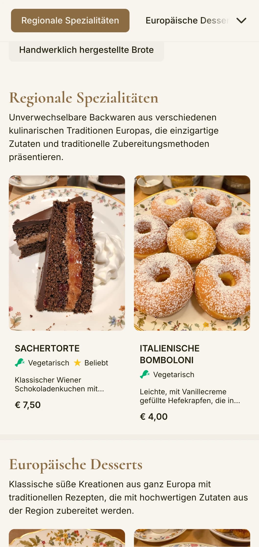 Ein anspruchsvolles, kontinentales Bäckerei-Menü-Design mit warmen Brauntönen und eleganter Typografie, perfekt für Bäckereien und Konditoreien im europäischen Stil.