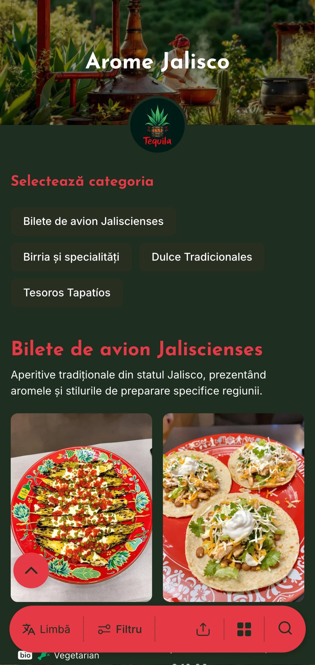 Meniu vibrant și savuros, cu specialități din Jalisco, inclusiv tequila, birria și mâncăruri tradiționale inspirate de mariachi.