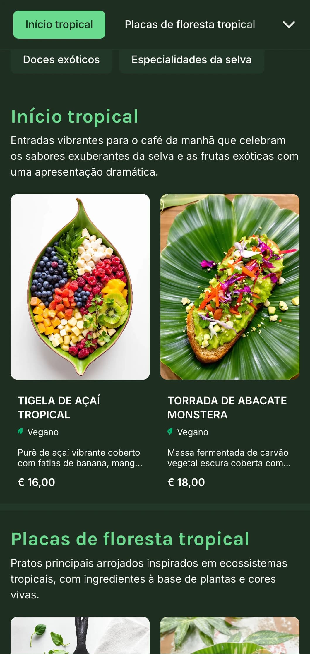 Modelo verde vibrante com elementos tropicais, perfeito para cafés à base de plantas e ofertas exóticas de brunch.