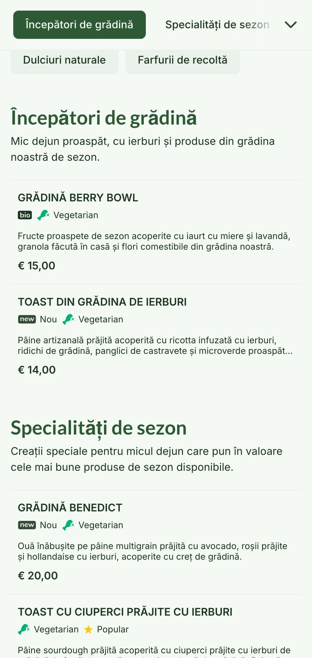 Mic dejun inspirat din natură, cu produse de sezon și ingrediente organice într-o prezentare răcoritoare.