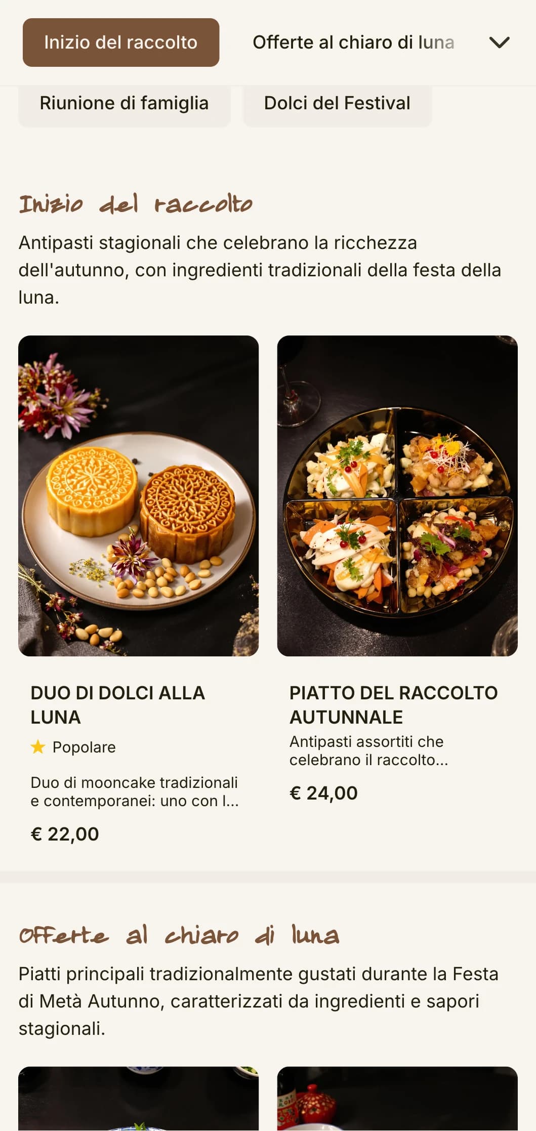 Elegante design del menu cinese ispirato al Mid-Autumn Festival, con motivi di mooncake e motivi tradizionali per le specialità stagionali.