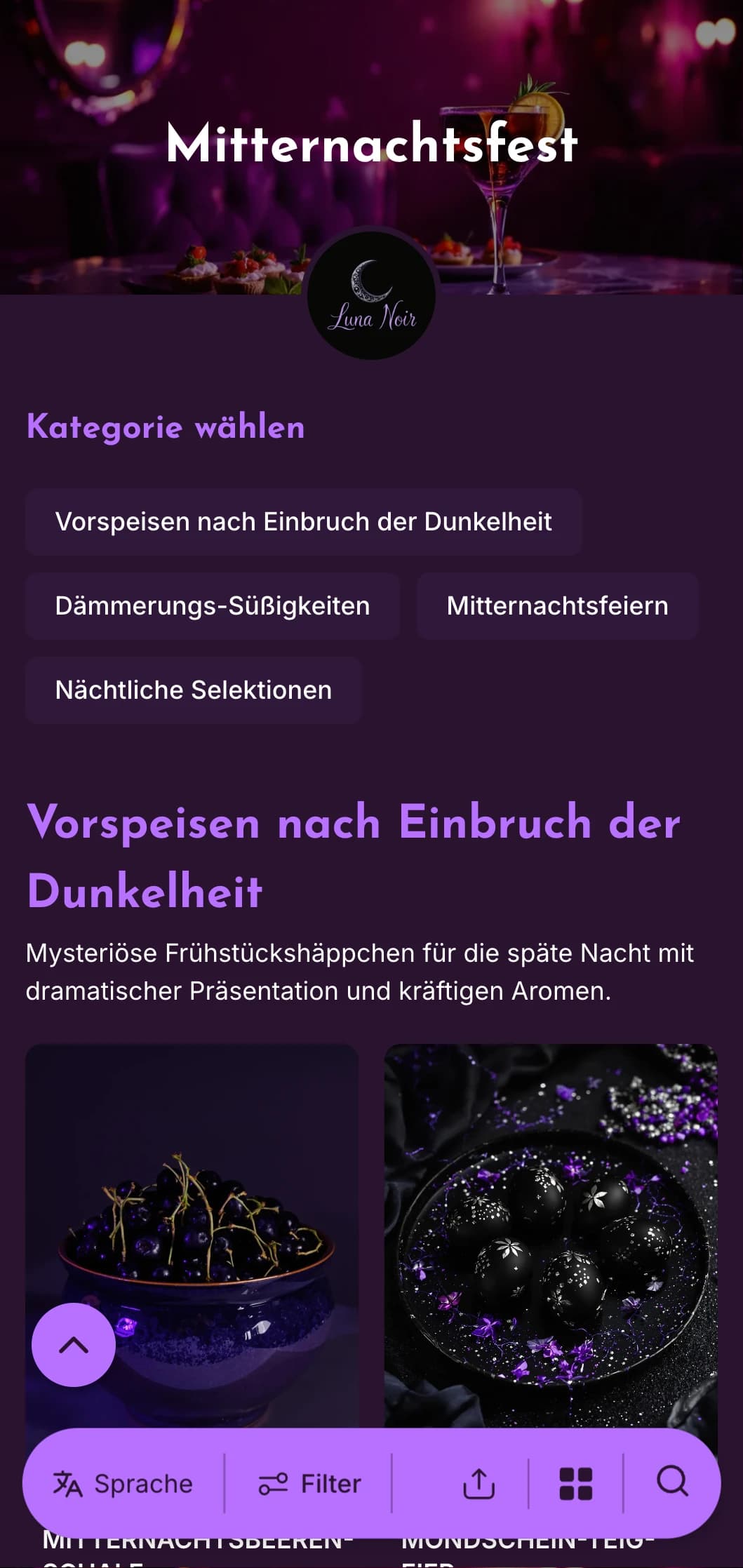 Tiefviolette Schablone mit hellen Akzenten, perfekt für Brunch-Angebote am späten Abend und Frühstücke mit Cocktails.