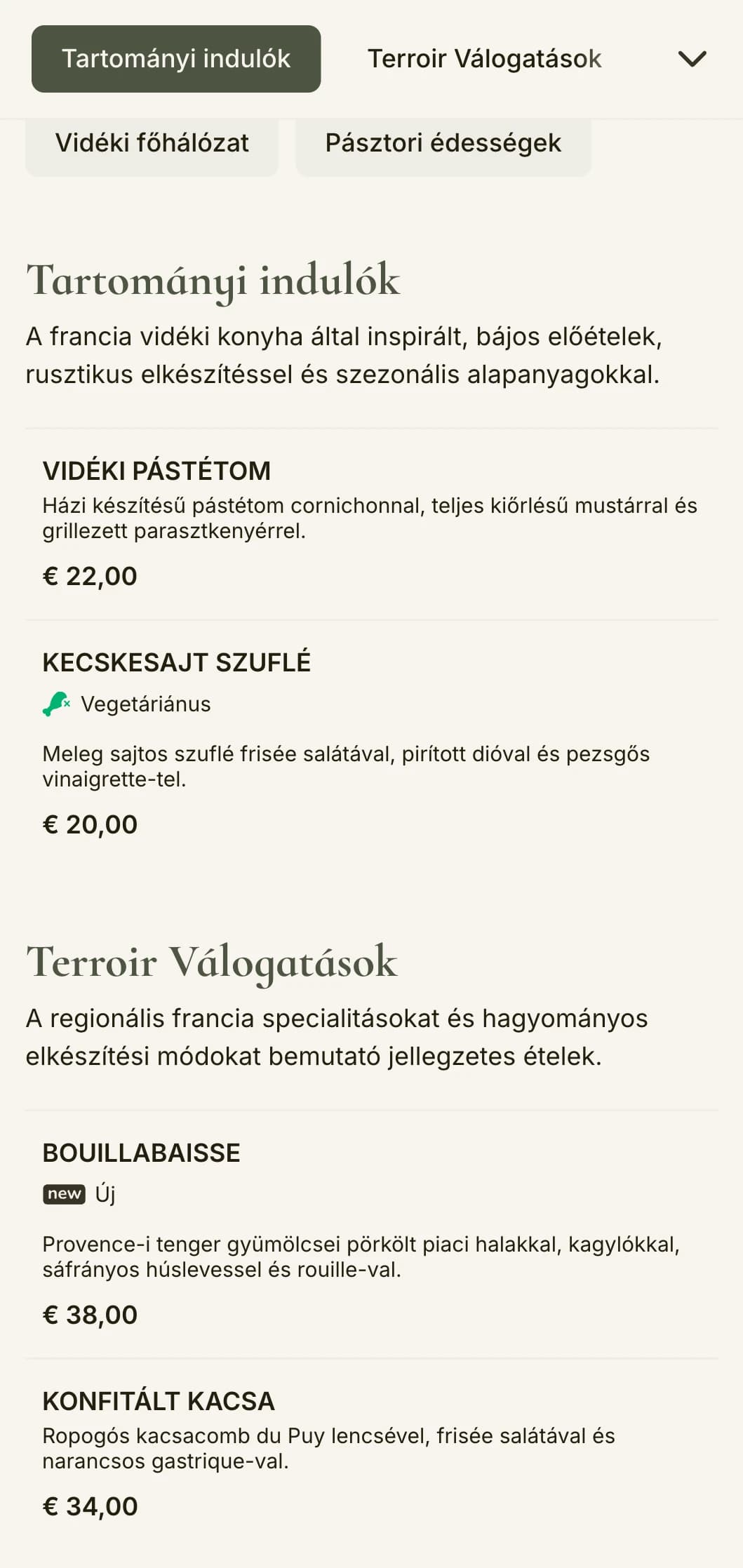 A francia vidék esztétikája által inspirált, bájos vacsora menü, zsályazöld tónusokkal és rusztikus eleganciával.
