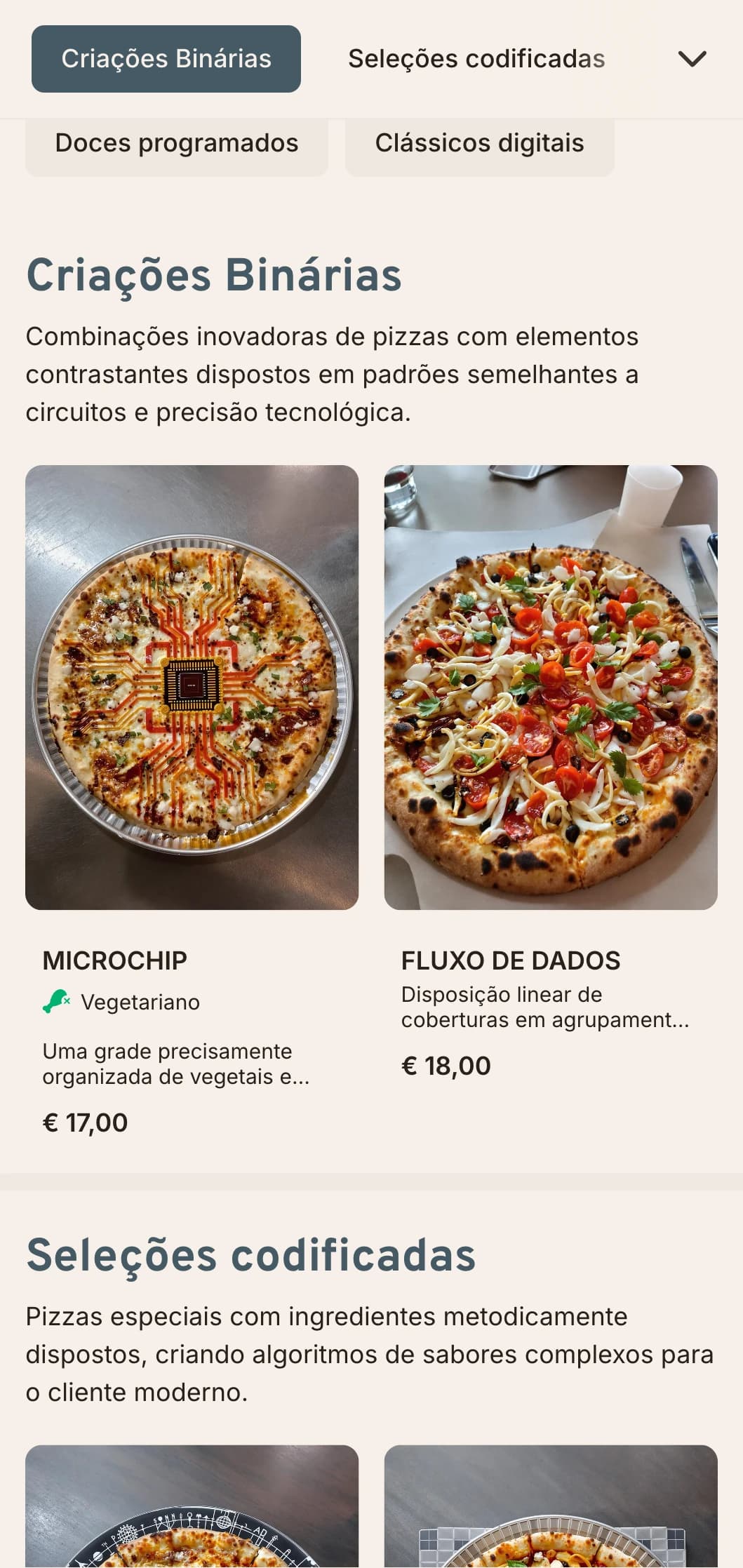 Cardápio de pizza inspirado em tecnologia com estética de placa de circuito para locais contemporâneos.
