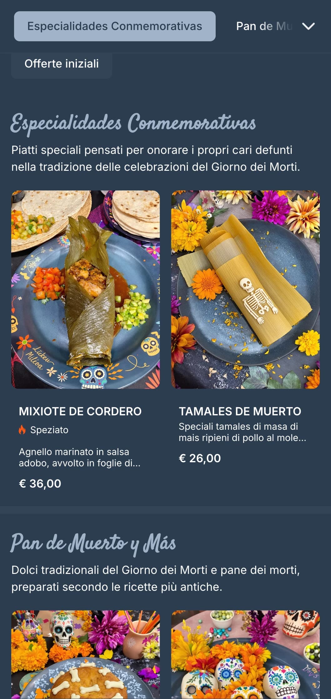 Menù artistico e celebrativo a tema Giorno dei Morti con ricche tonalità grigio-blu, motivi di teschi di zucchero e speciali offerte stagionali.