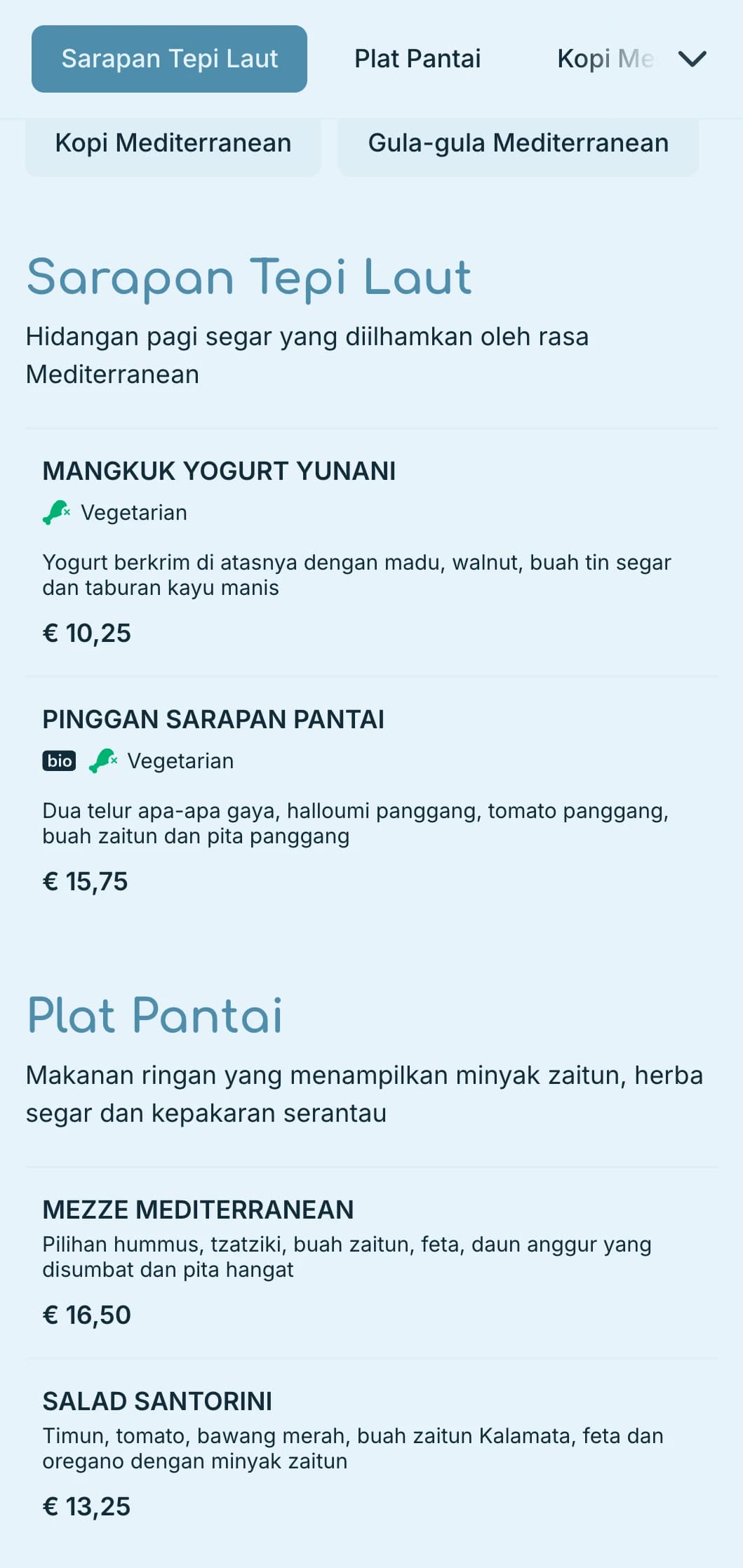 Palet biru menyegarkan yang diilhamkan oleh perairan Mediterranean untuk kafe dan bistro tepi laut.