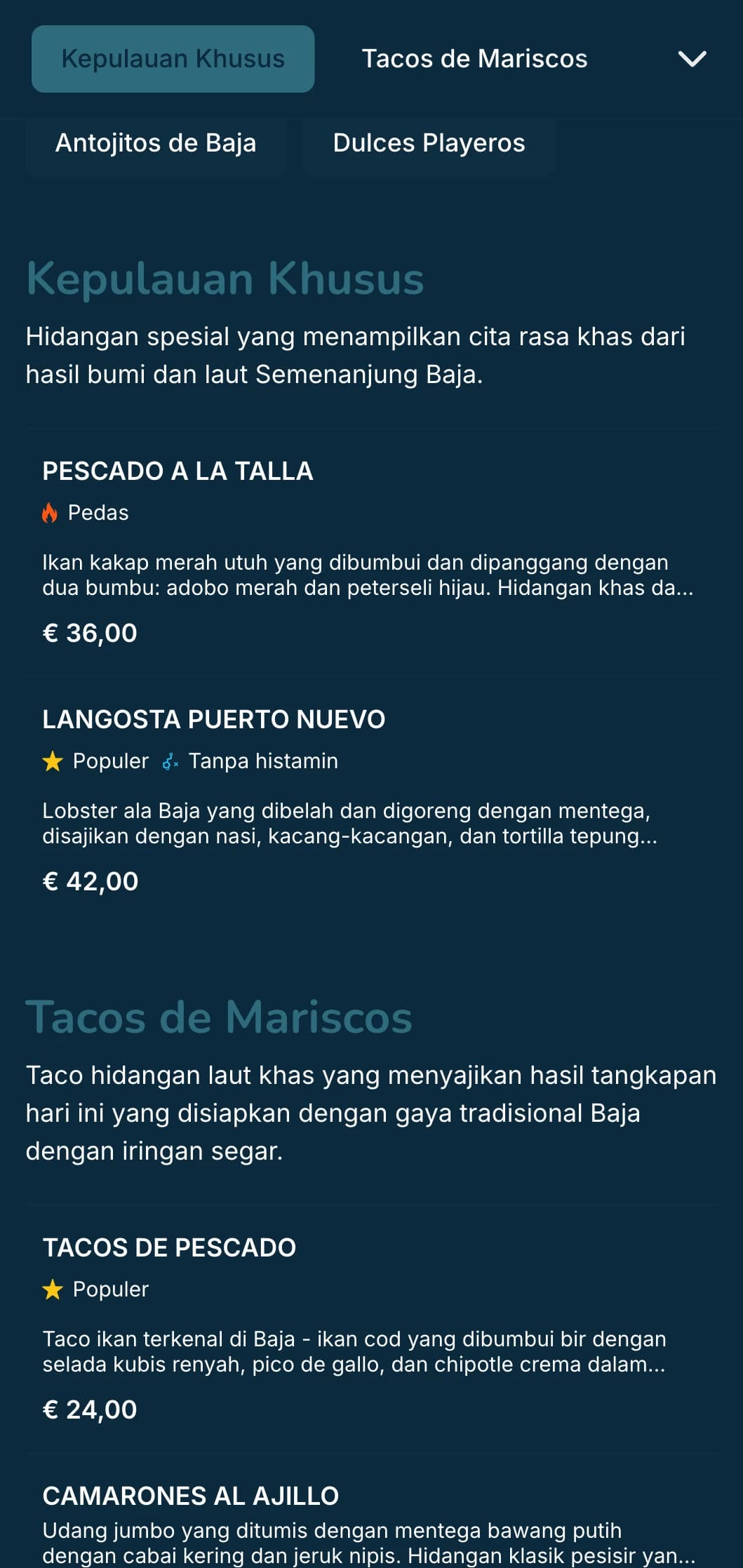 Menu yang terinspirasi dari Baja yang ringan dan menyegarkan, menampilkan taco seafood, bahan-bahan segar, dan aksen biru pesisir dengan nuansa pantai yang modern.