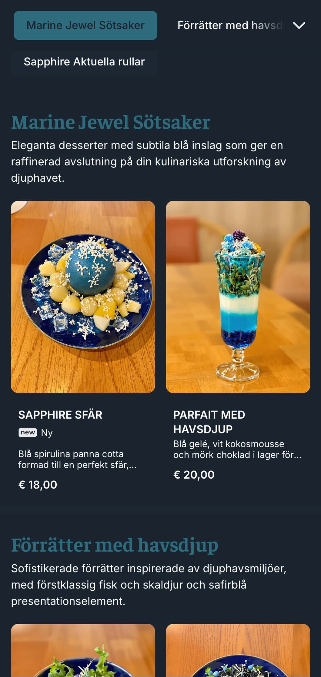 Djupblå havsinspirerad sushimeny med rika safirtoner för fisk- och skaldjursrestauranger i premiumsegmentet.