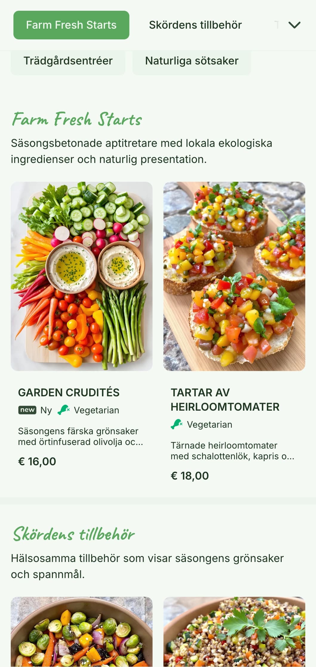 Fräsch gård-till-bord-catering med säsongens ekologiska ingredienser, vackert presenterade med naturliga element för trädgårdsfester och utomhusevenemang.