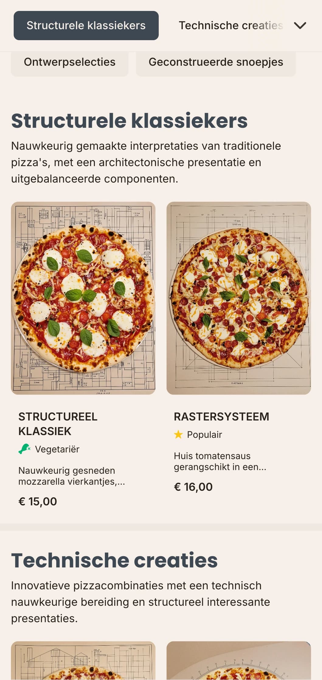 Op architectuur geïnspireerd pizzamenu met nauwkeurige lay-out en technische esthetiek.