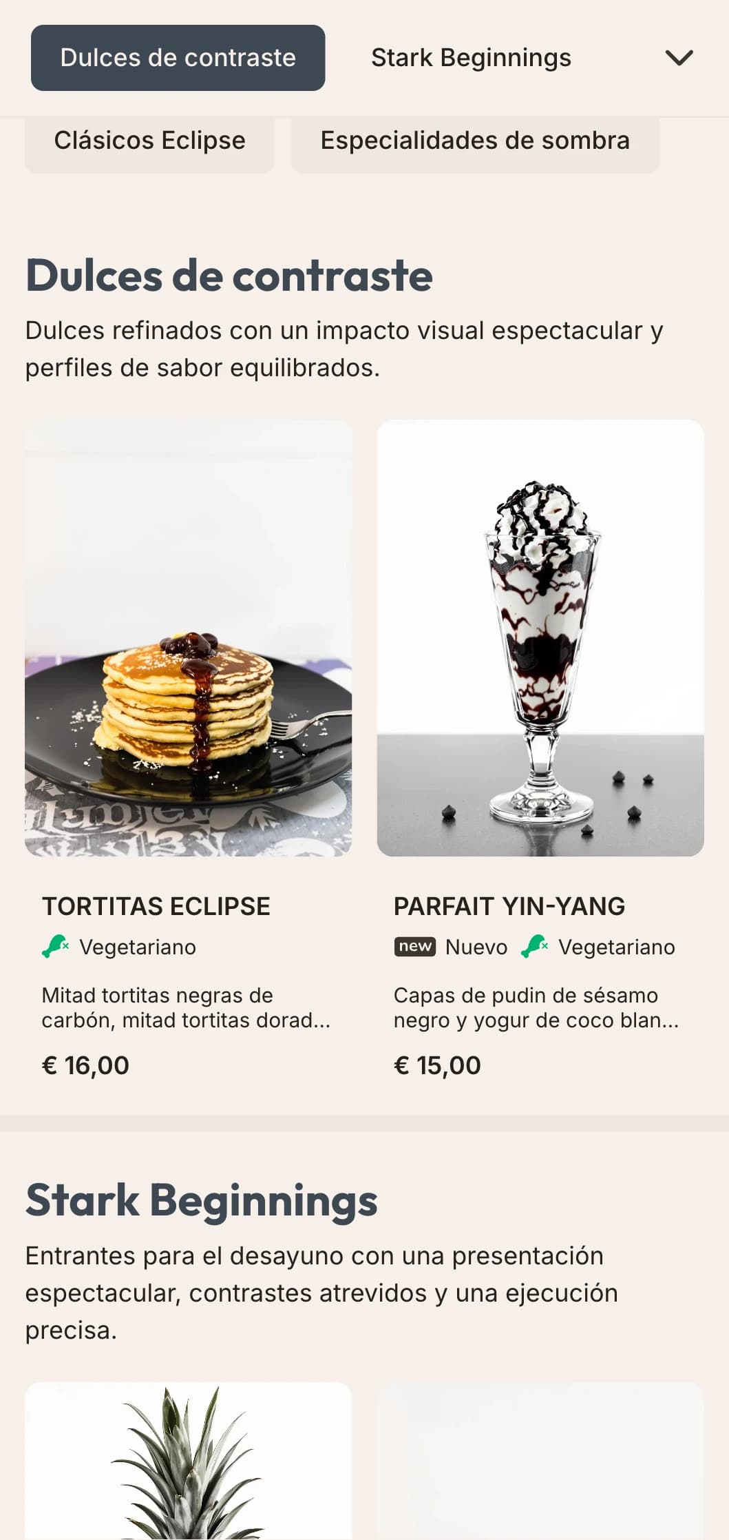 Platos mañaneros llenos de dramatismo, contrastes marcados, emplatados precisos y combinaciones de sabores atrevidas.