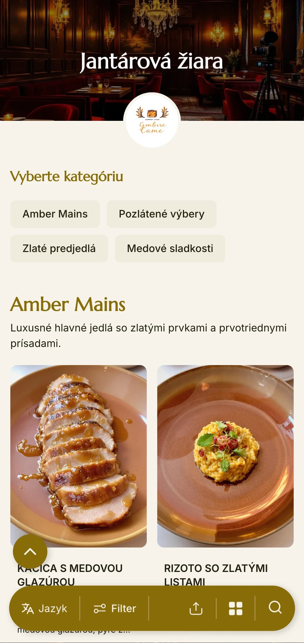 Teplé, zlatisté večerné menu s jantárovými tónmi a bohatými textúrami, určené pre intímne večerné reštaurácie.