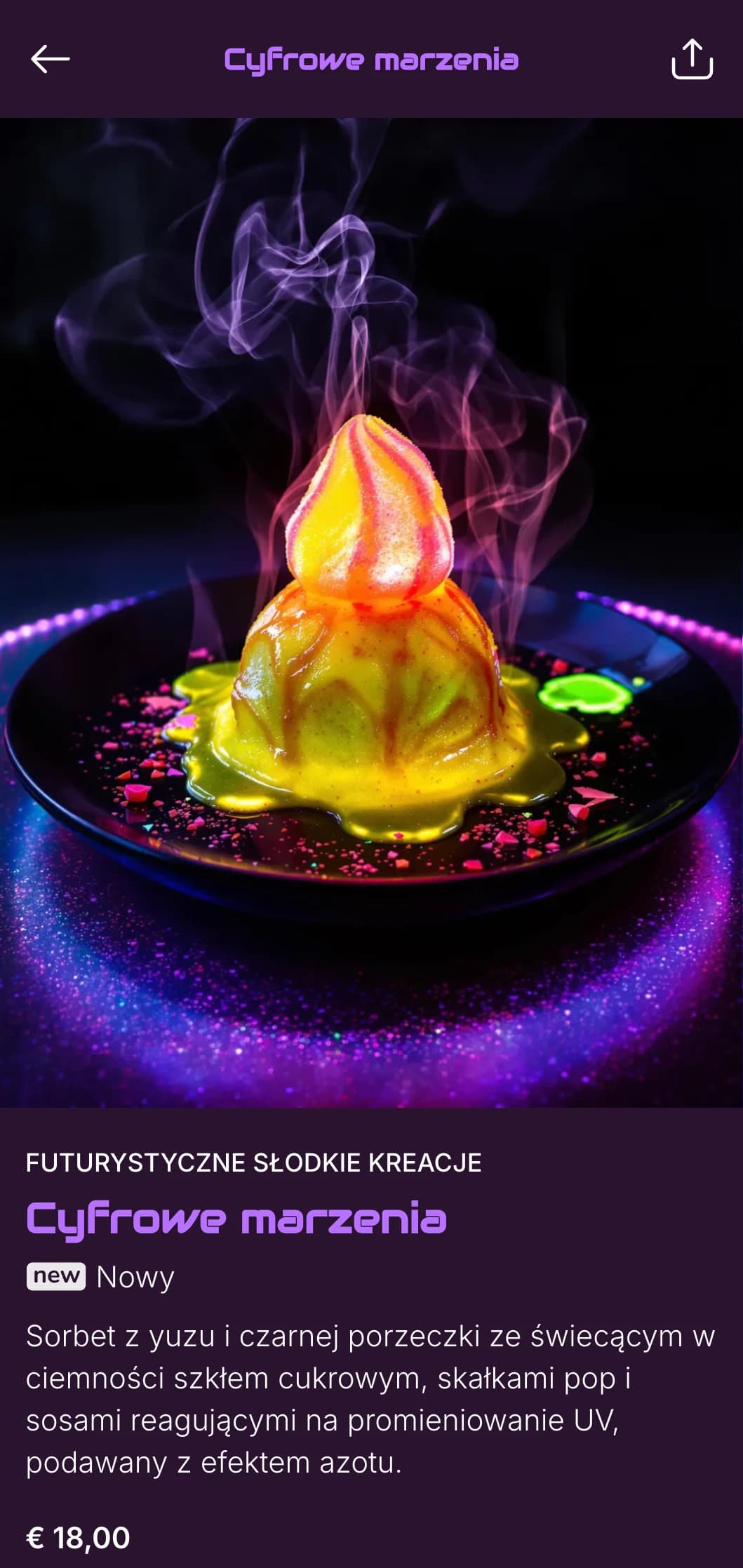Ultranowoczesne menu sushi fusion z żywymi fioletowymi neonowymi akcentami na głębokim tle dla modnych miejsc nocnego życia.