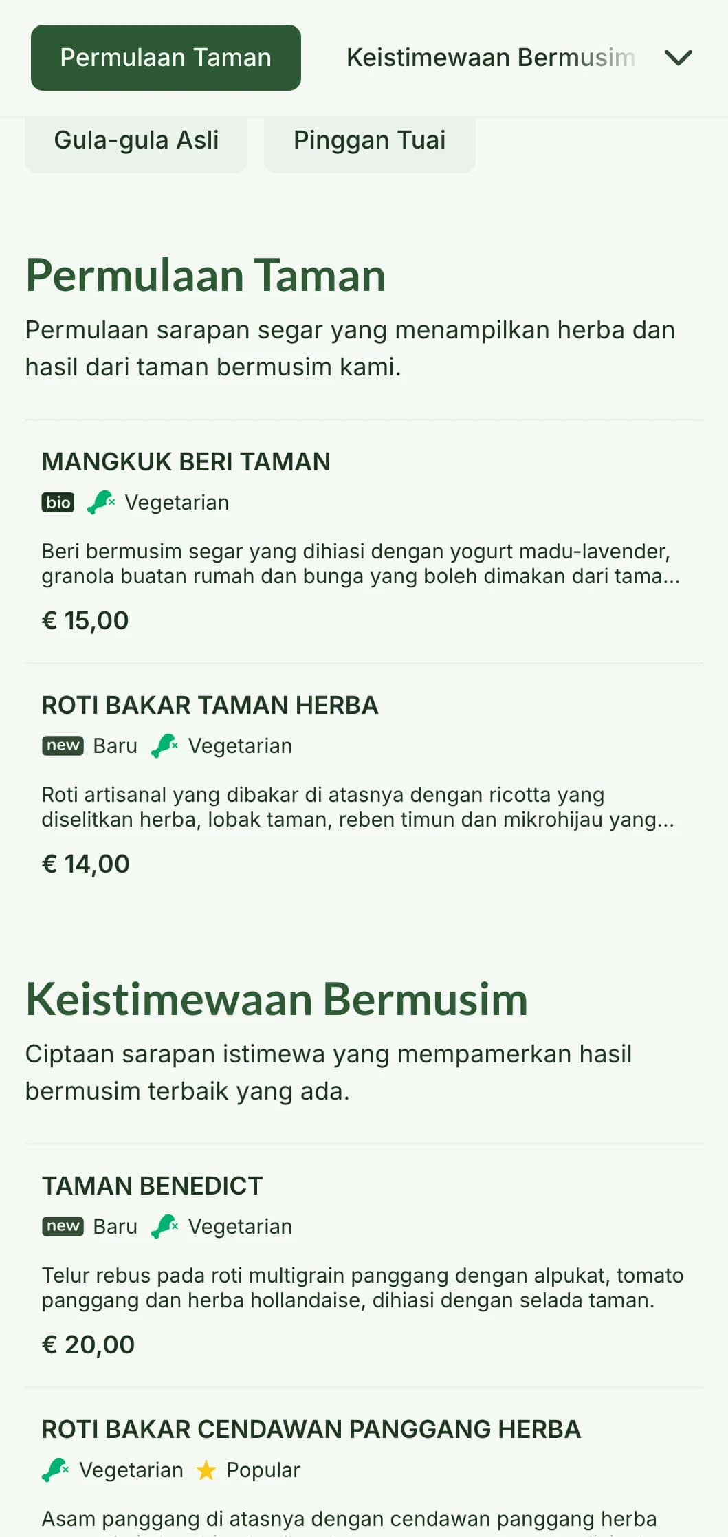 Hidangan sarapan berinspirasikan alam semula jadi yang menampilkan hasil bermusim dan bahan organik dalam persembahan yang menyegarkan.