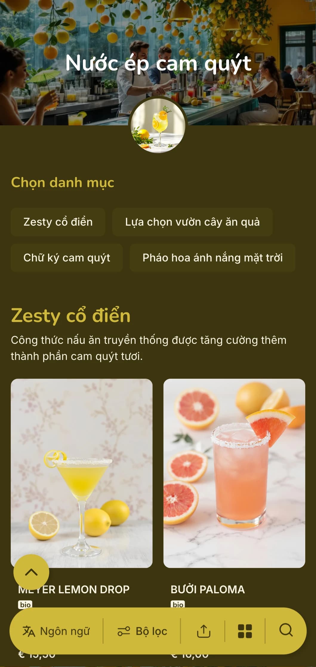 Thiết kế màu vàng-xanh lá cây tràn đầy năng lượng tôn vinh các loại cocktail có hương cam quýt cho các quầy bar tươi sáng, sống động.