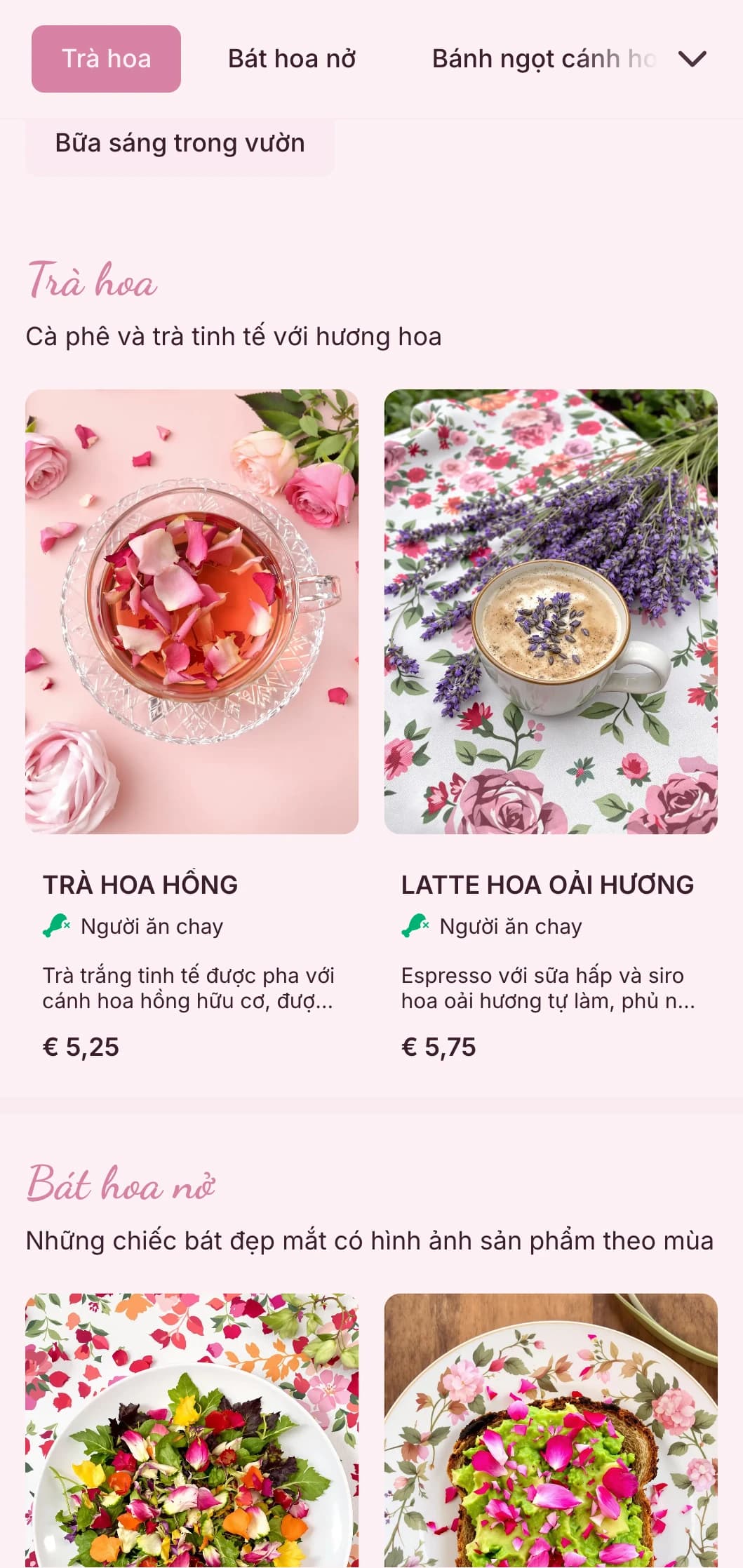 Thiết kế màu hồng lãng mạn với họa tiết hoa dành cho phòng trà ngoài trời và quán cà phê nữ tính.