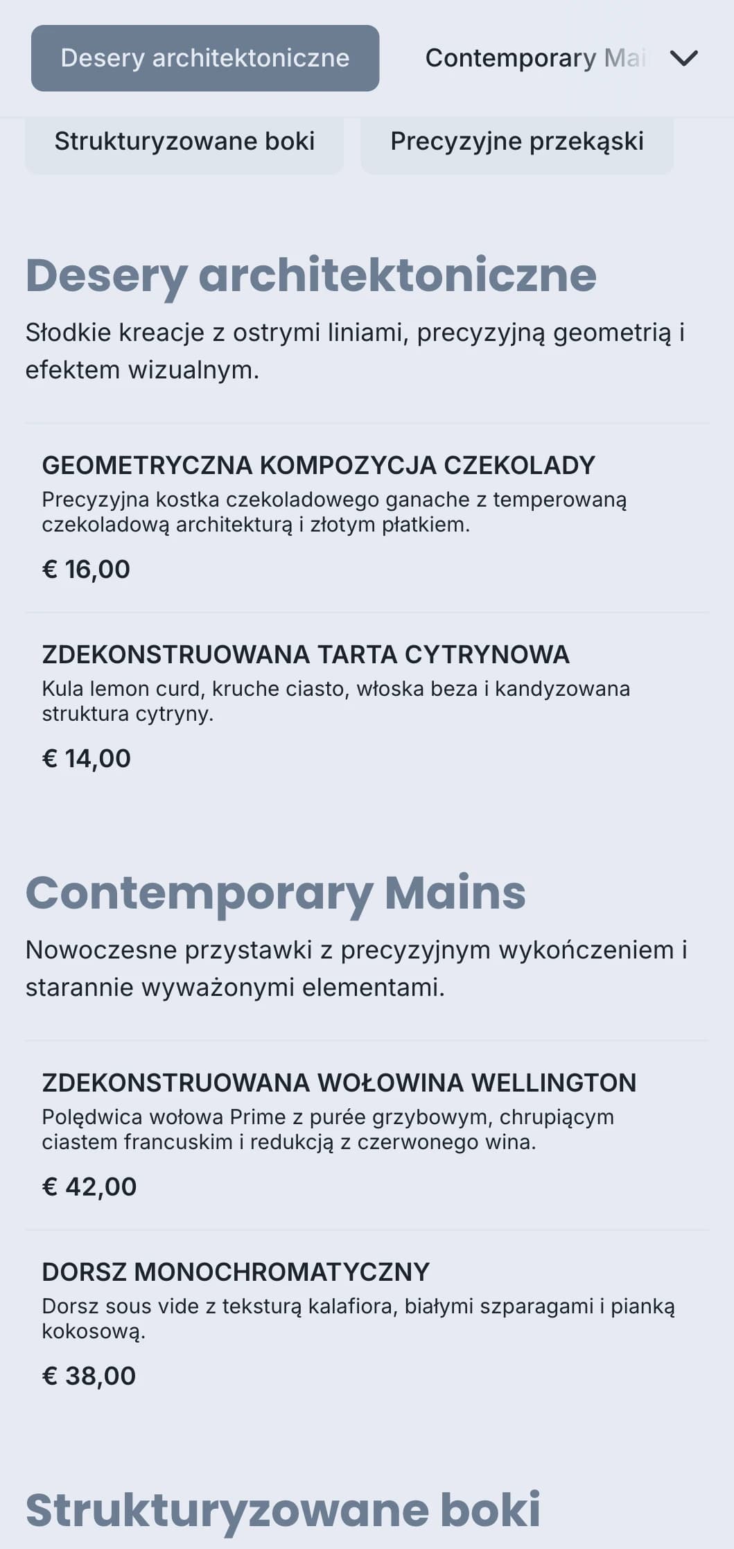 Czysty, ustrukturyzowany projekt cateringowy z geometrycznym poszyciem, precyzyjnymi porcjami i monochromatyczną kolorystyką dla współczesnych wydarzeń.