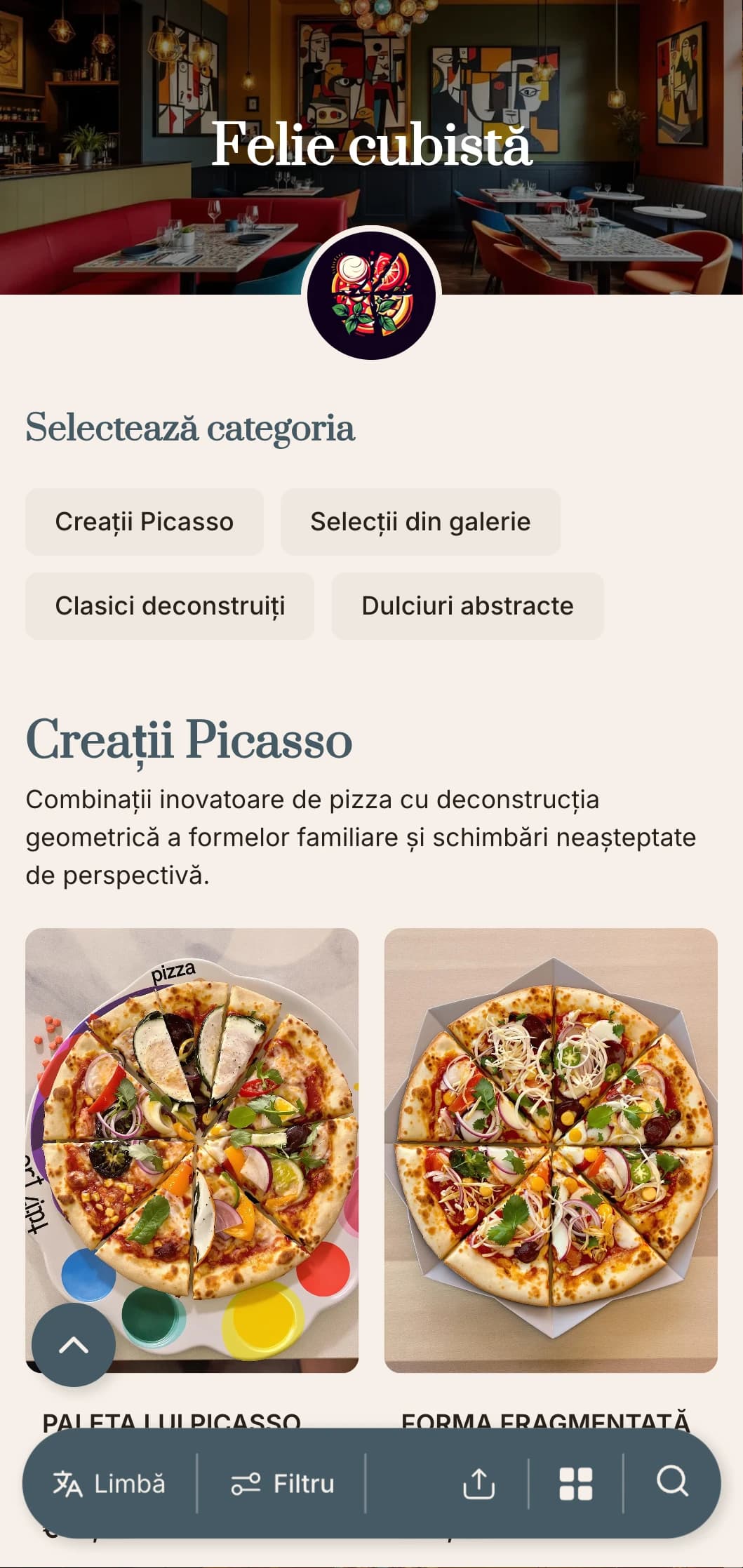 Meniu de pizza inspirat de Picasso, cu elemente geometrice abstracte și aspect artistic.