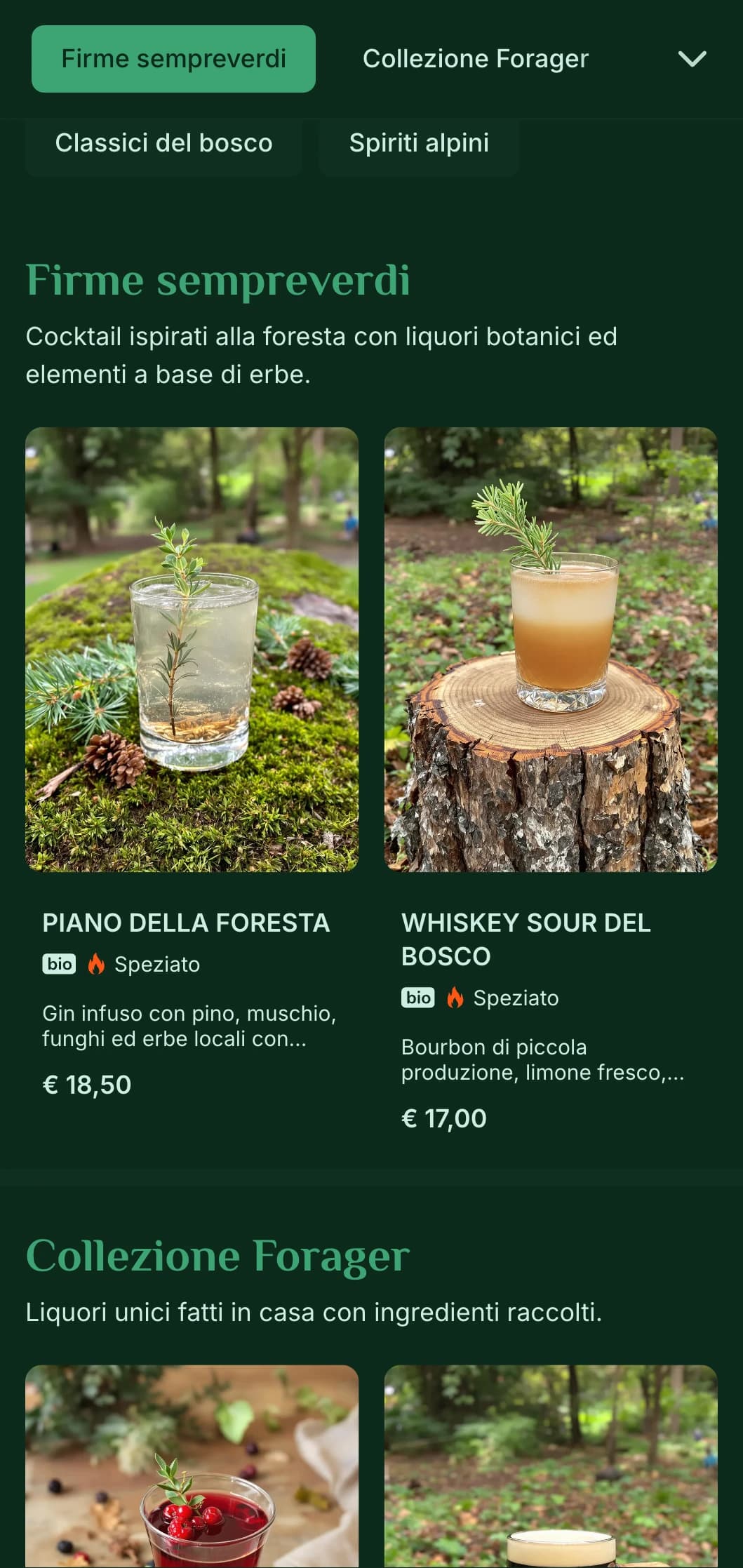 Un design verde e lussureggiante, ispirato alle pinete, per bar che si ispirano alla natura.