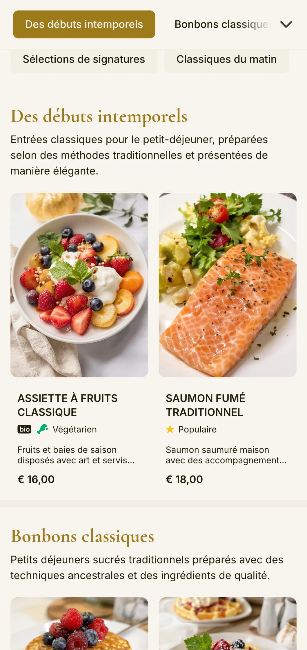 Des classiques élégants du petit-déjeuner présentés avec une attention raffinée aux détails et aux éléments de service traditionnels.