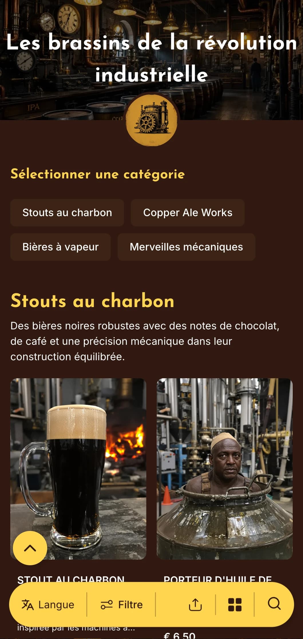Esthétique industrielle alimentée par la vapeur, avec des accents en laiton et des éléments mécaniques, parfaite pour les brasseries à thème steampunk.