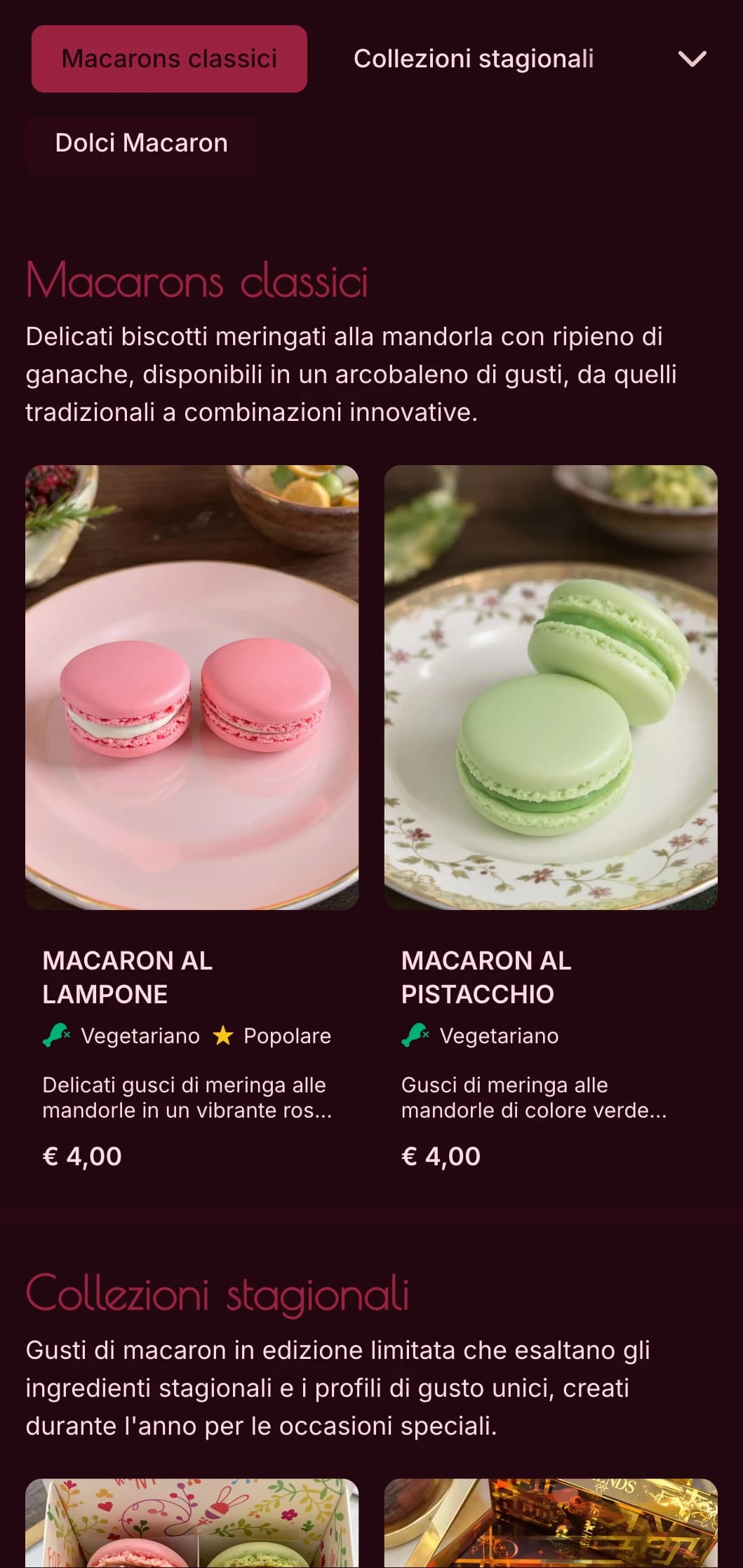 Un design di menu per pasticceria colorato e incentrato sul lusso, con ricche tonalità di rosa e una tipografia elegante, ideale per gli specialisti di macaron e le boutique di dolci di fascia alta.