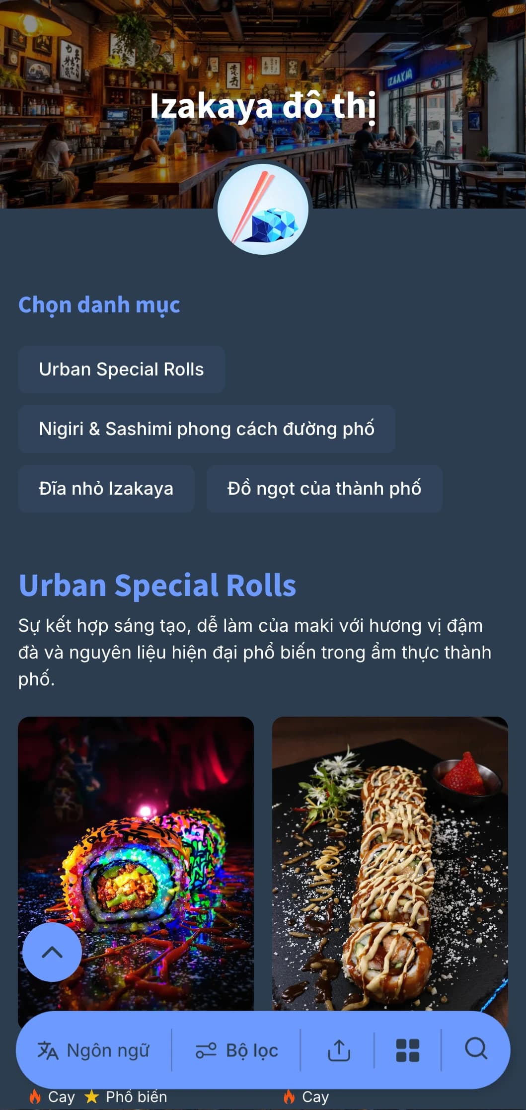 Thực đơn theo phong cách quán rượu Nhật Bản đương đại với nét đặc trưng của thành thị, có màu xanh lam mát mẻ trên nền xanh nước biển đậm dành cho bữa tối bình dân.