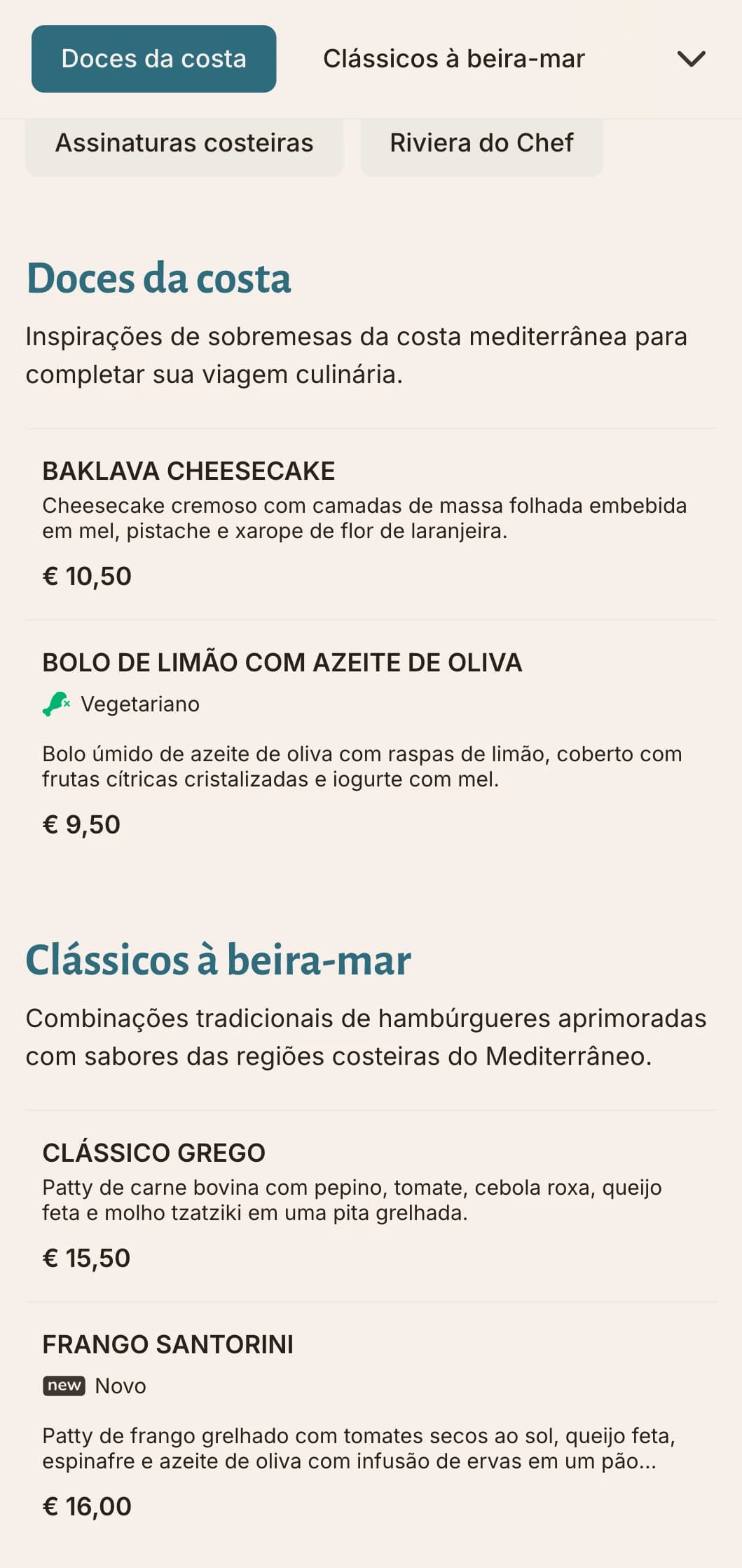 Menu de hambúrgueres de inspiração costeira com detalhes em azul mediterrâneo e foco em ingredientes frescos.