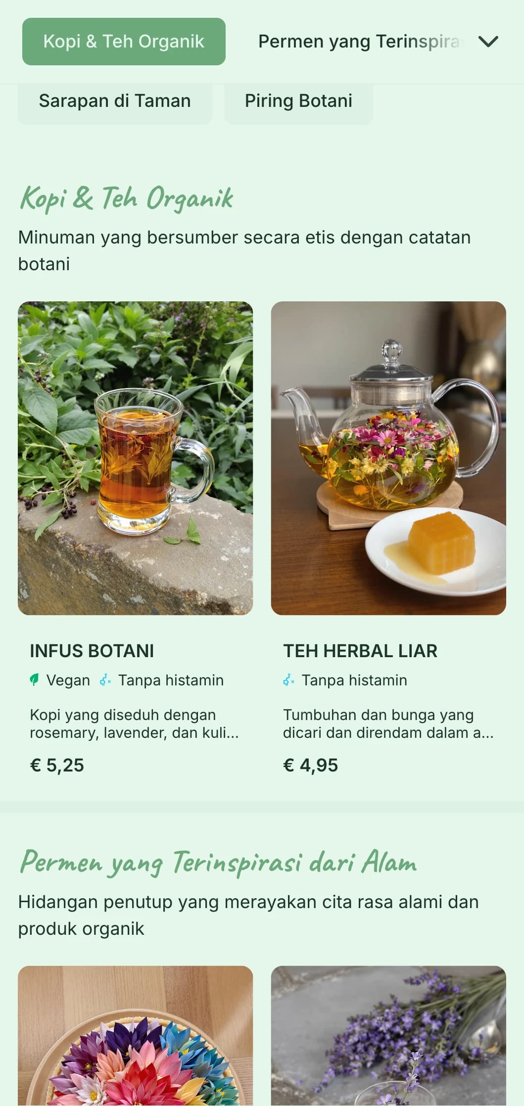 Desain bertema hijau segar dengan elemen botani untuk kafe taman dan tempat makan siang organik.