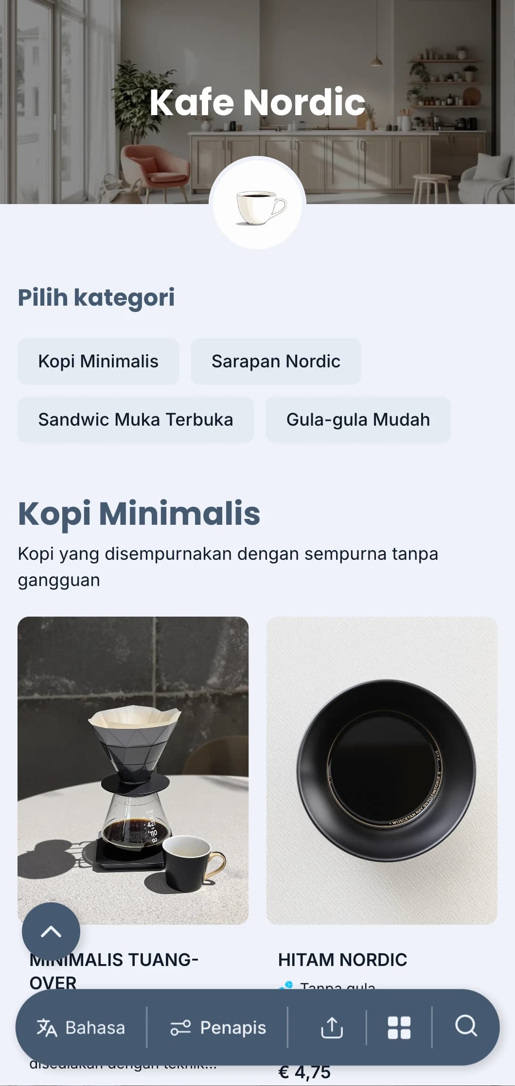 Reka bentuk berinspirasikan Scandinavia yang bersih dengan rona biru sejuk untuk kafe minimalis moden.