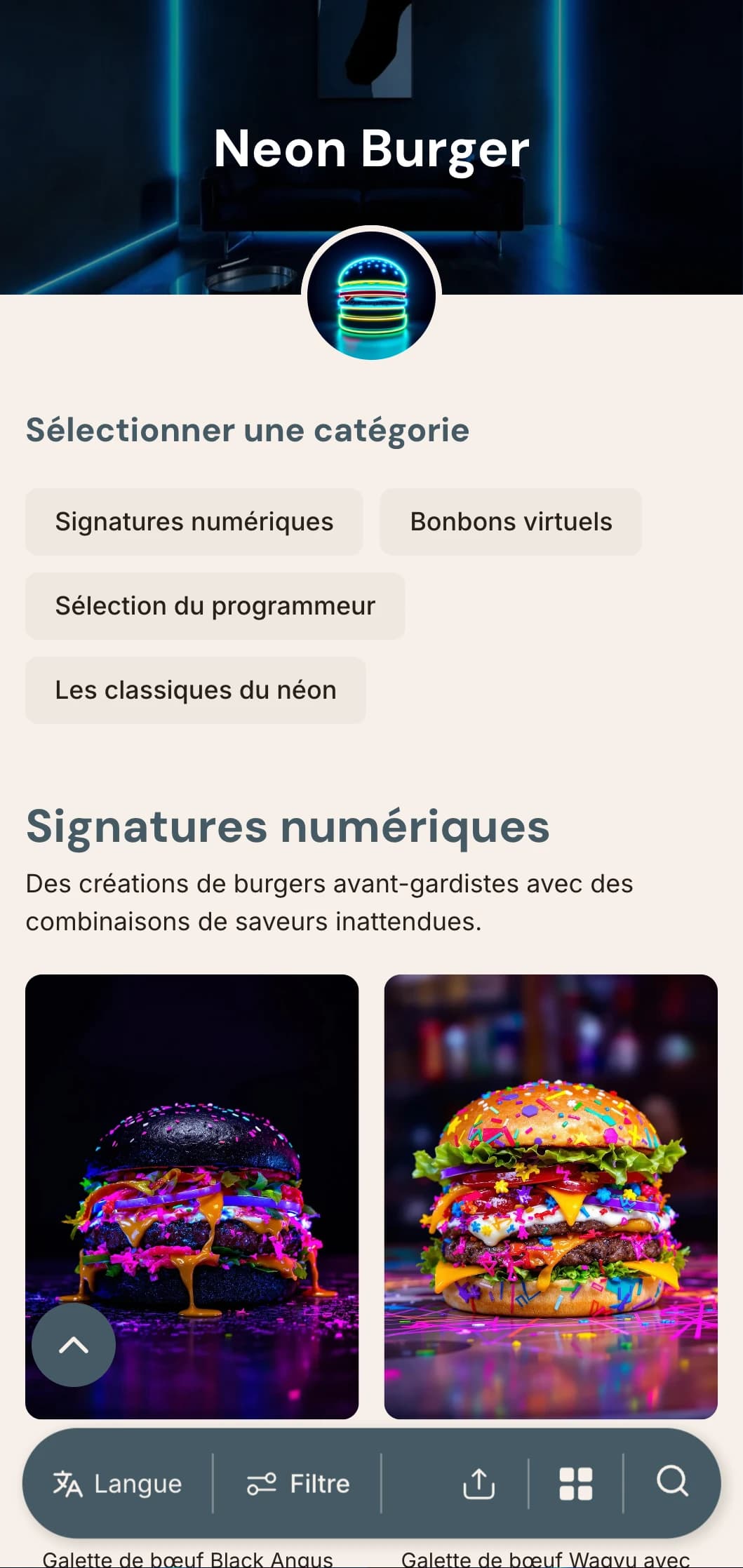 Bar à burgers animé, inspiré par la vie nocturne, avec des accents de néon et une ambiance urbaine contemporaine.