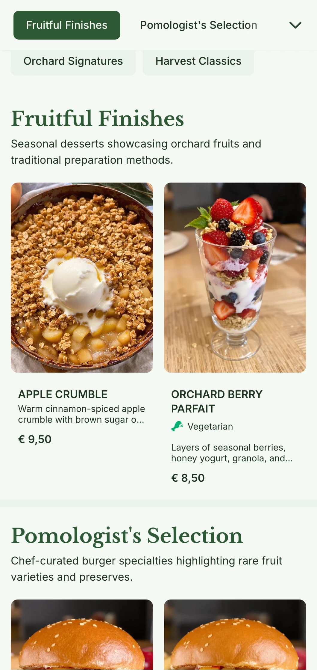 Fruit orchard inspired burger restaurant featuring seasonal produce and cider pairings.