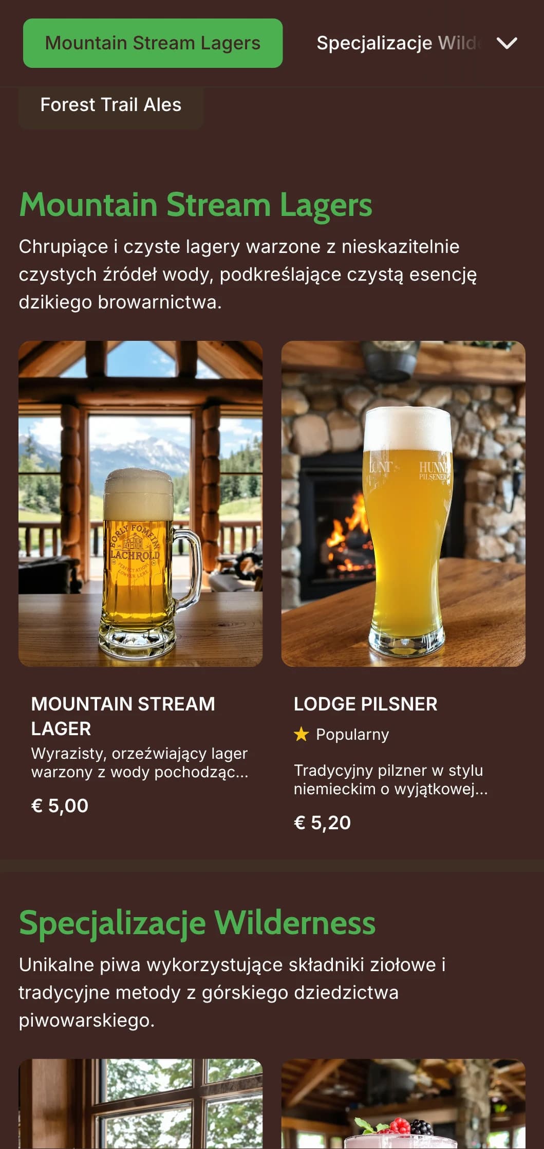 Rustykalny i ciepły design inspirowany górskimi domkami, z teksturami drewna i elementami outdoorowymi dla browarów o tematyce dzikiej przyrody.