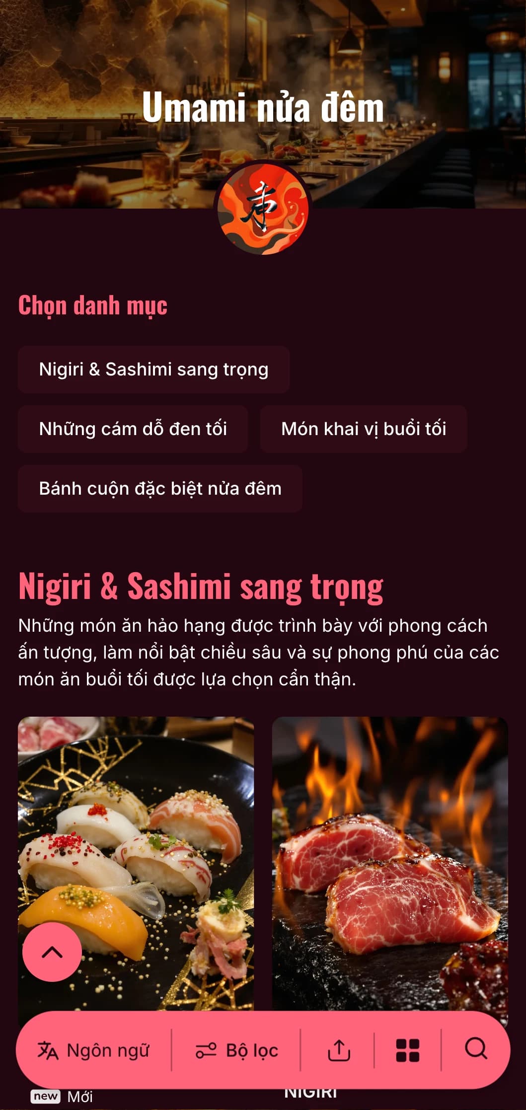 Trải nghiệm sushi sang trọng vào đêm khuya với sự tương phản táo bạo, nổi bật với tông màu đỏ tía đậm và điểm nhấn tươi sáng trên nền tối.