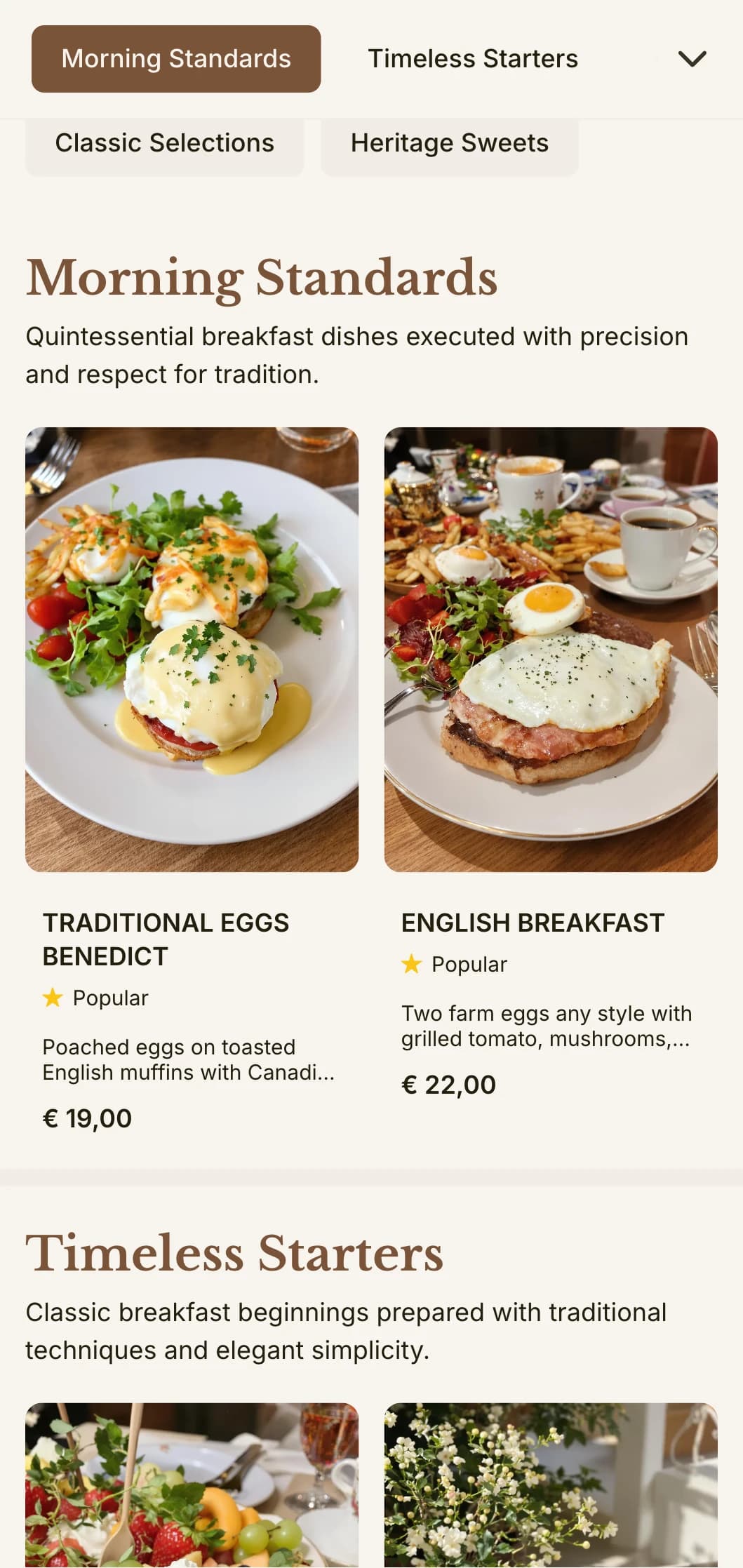 Timeless breakfast favorites prepared with precision and care, presented in an elegant, traditional manner.