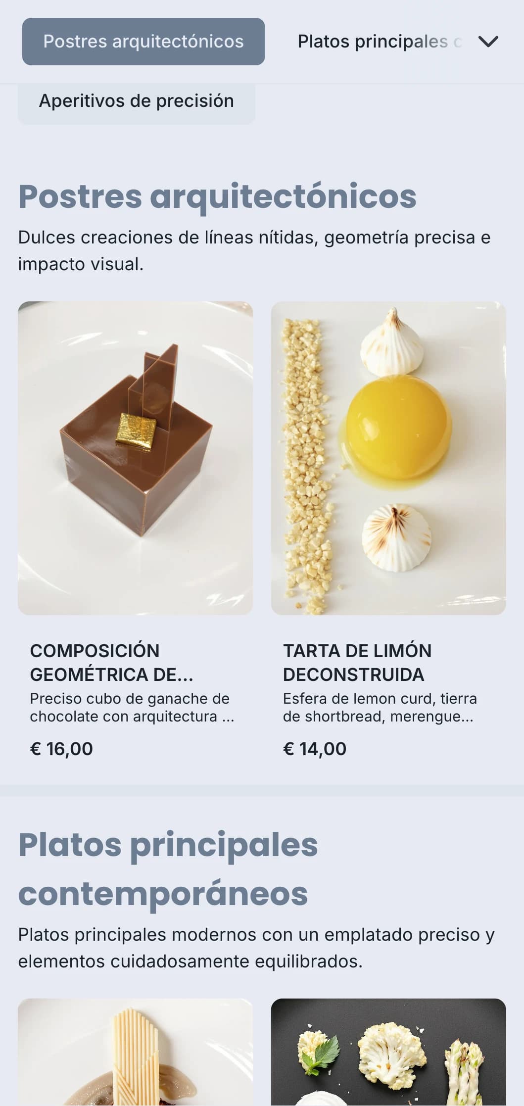 Diseño de catering limpio y estructurado con emplatado geométrico, porciones precisas y combinaciones de colores monocromáticas para eventos contemporáneos.