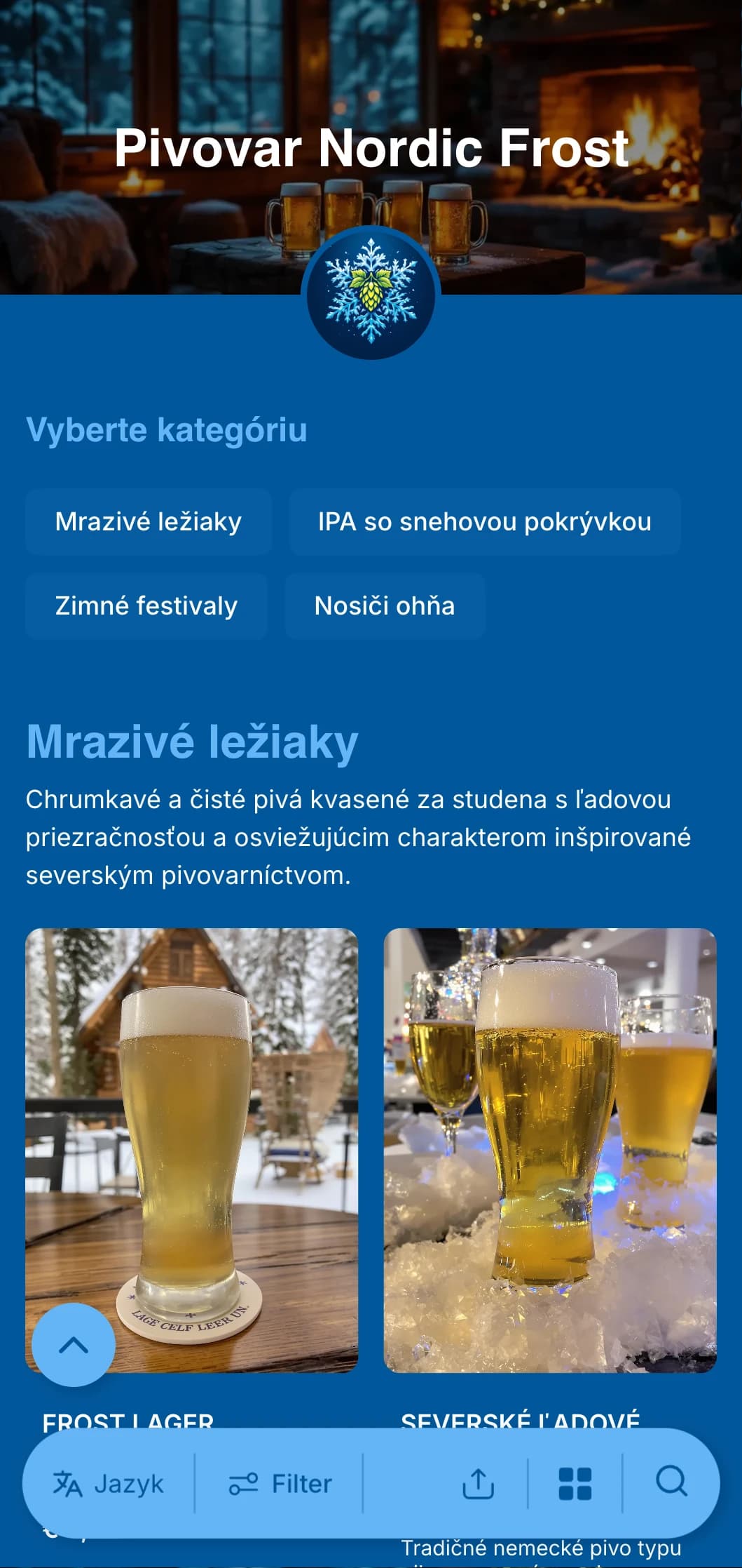 Chladný a svieži dizajn so zimnou tematikou s ľadovo modrými tónmi a akcentmi snehových vločiek, ideálny pre zimné sezónne pivné menu.