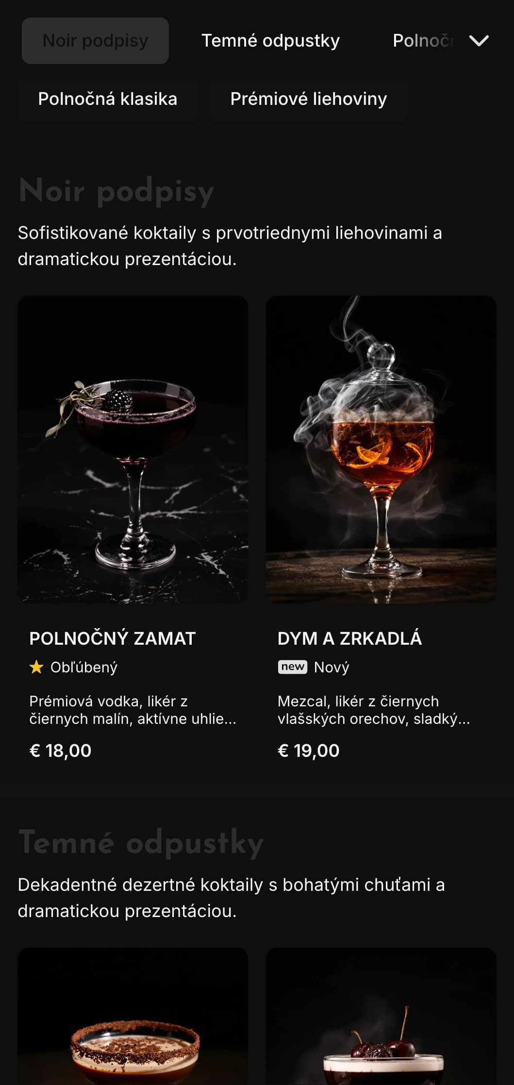 Elegantný tmavý dizajn pre moderné koktailové salóny a nočné kluby s vysoko kontrastnými prvkami a výraznou typografiou.